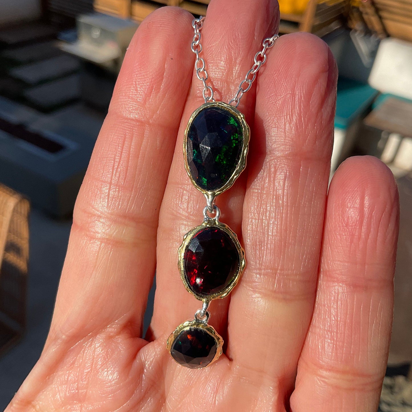 Natural black Fire opal Sterling Silver Necklace 18” Colors Of Etnika