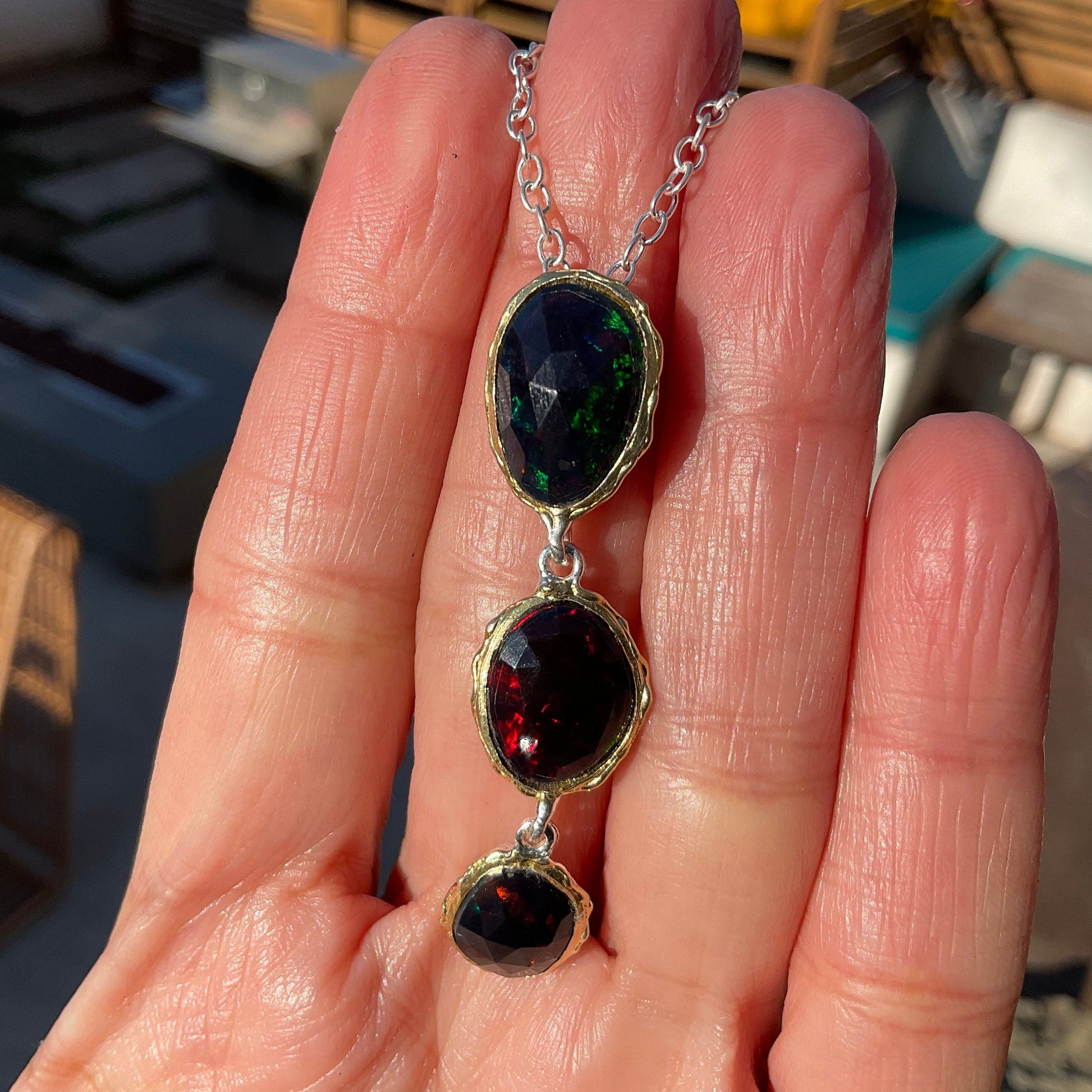 Natural black Fire opal Sterling Silver Necklace 18” Colors Of Etnika