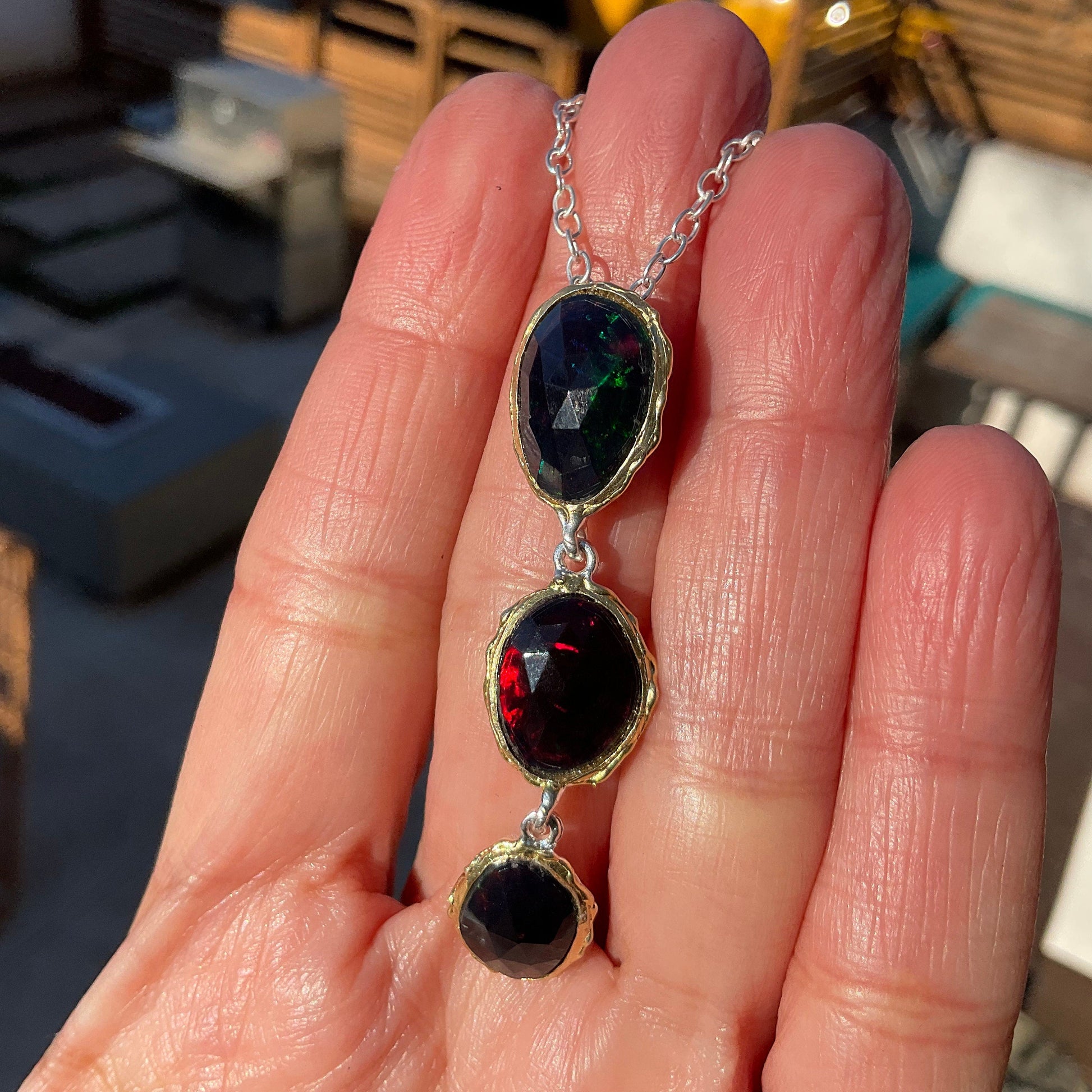 Natural black Fire opal Sterling Silver Necklace 18” Colors Of Etnika