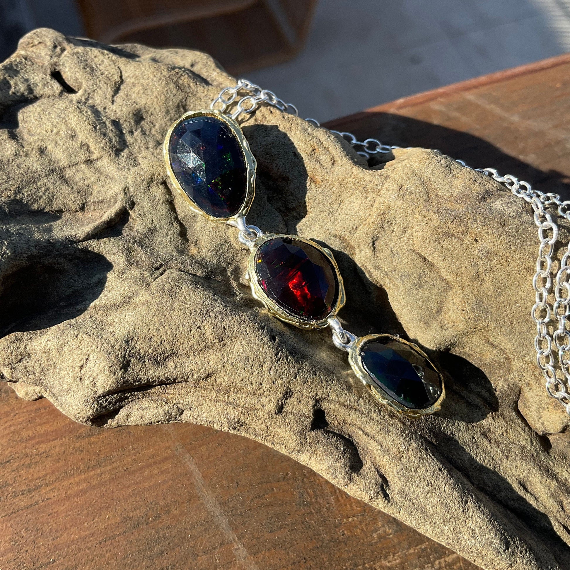 Natural black Fire opal Sterling Silver Necklace 18” Colors Of Etnika