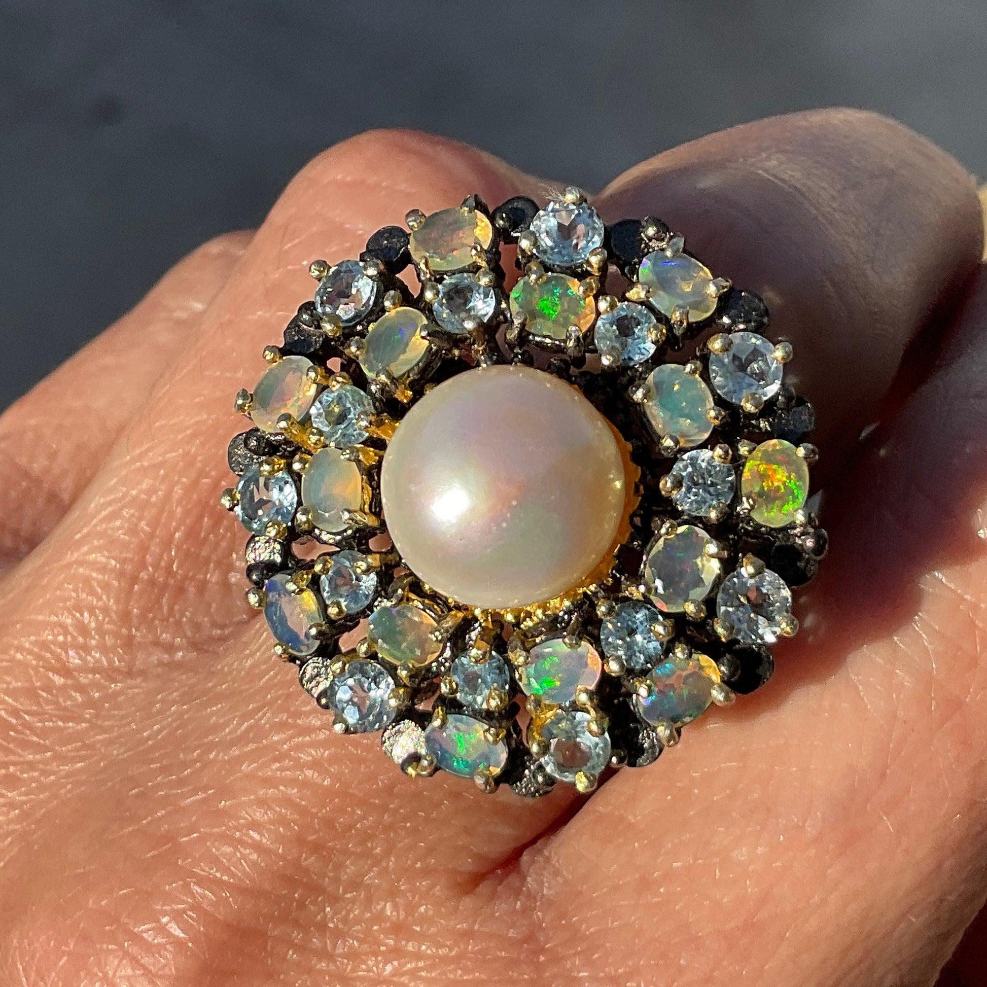 Sterling Silver Fire opal topaz white pearl cluster Ring 8.5 Colors Of Etnika