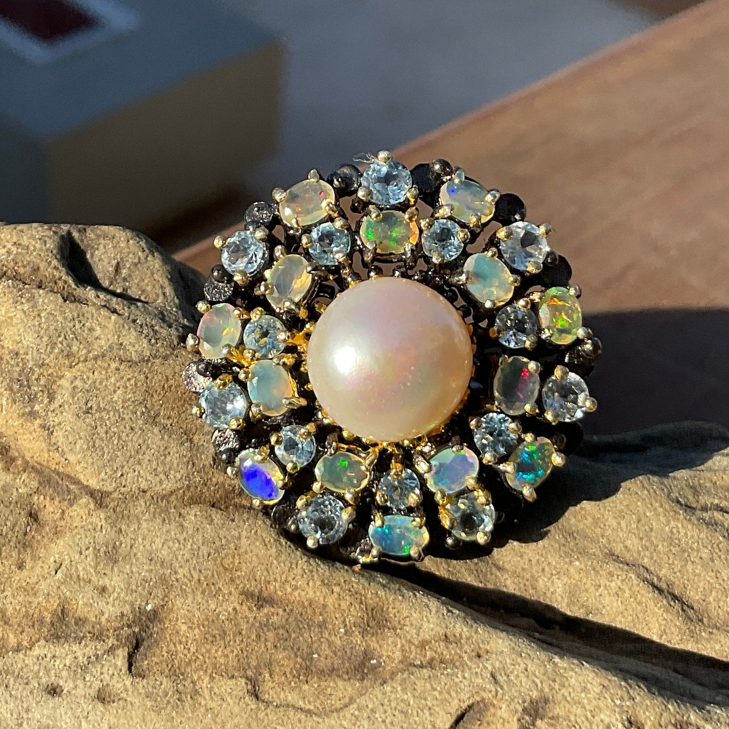 Sterling Silver Fire opal topaz white pearl cluster Ring 8.5 Colors Of Etnika