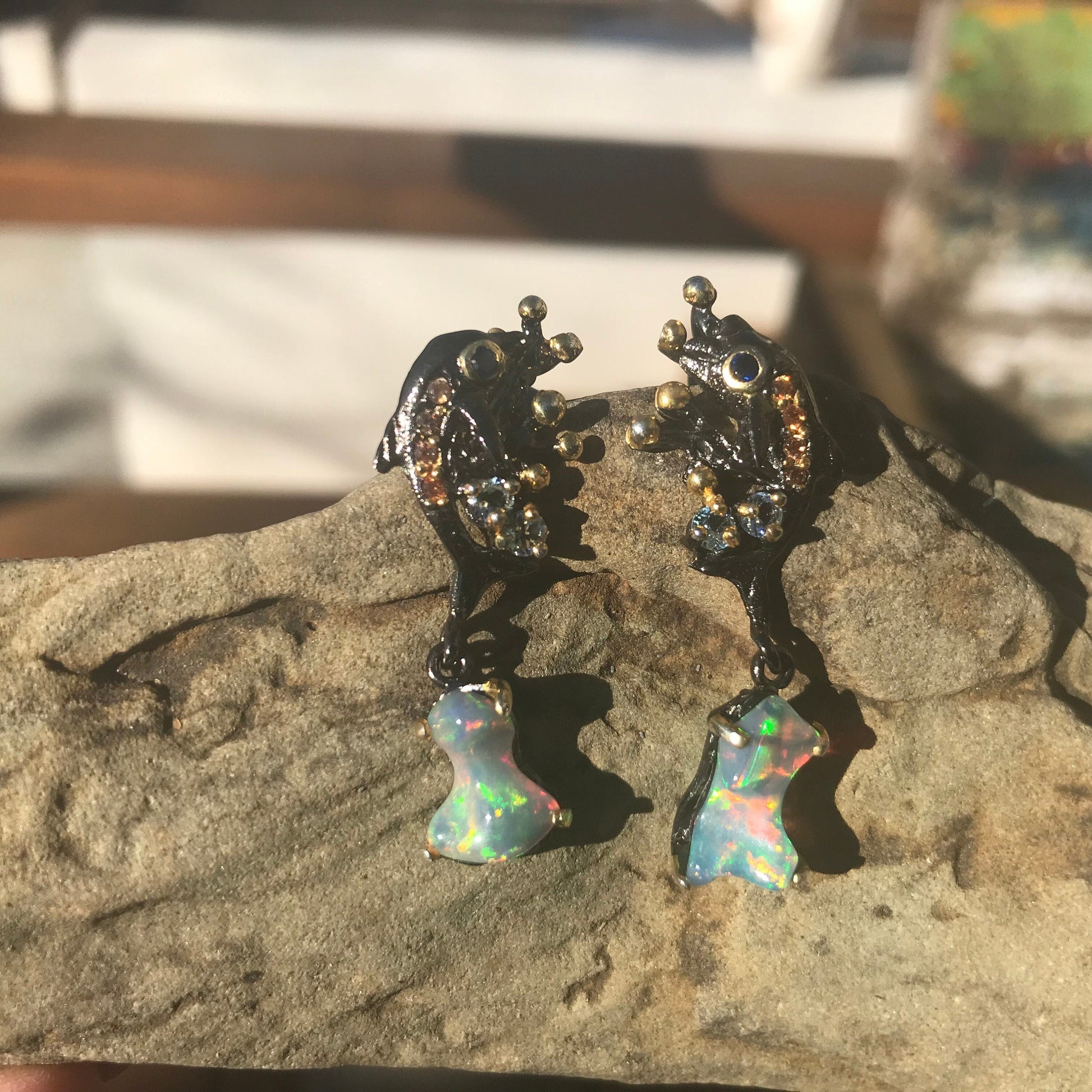 Sterling Silver rainbow opal topaz dolphin dangle earrings Colors Of Etnika