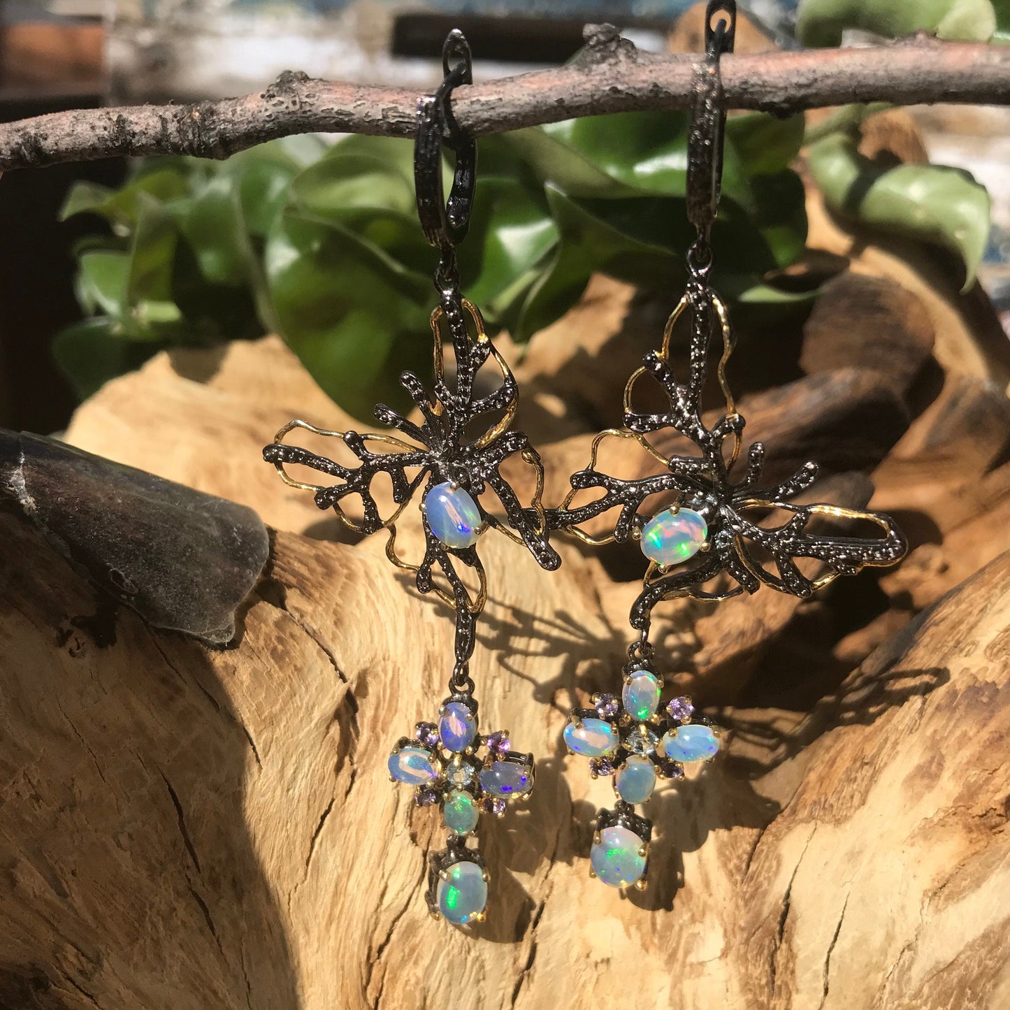 sterling silverNatural opals dangle butterfly art earrings Colors Of Etnika
