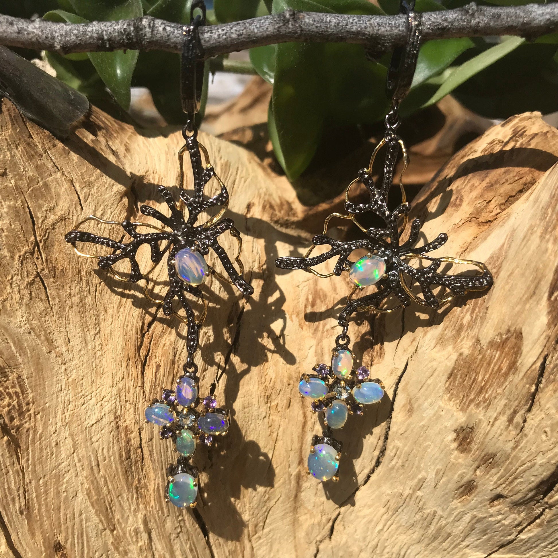 sterling silverNatural opals dangle butterfly art earrings Colors Of Etnika