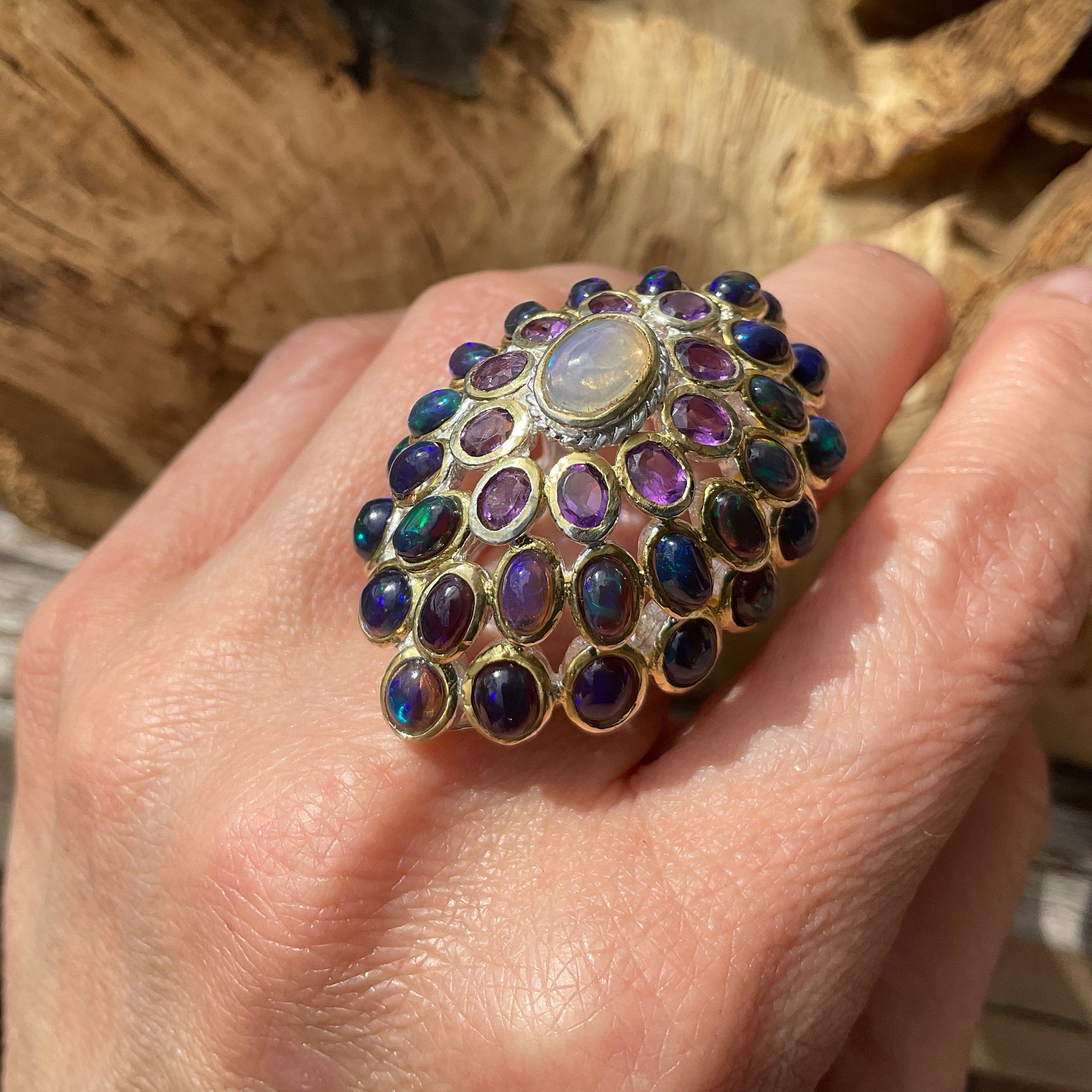 Sterling Silver Black flash Opal huge amethyst cluster statement Ring 6.5 Colors Of Etnika