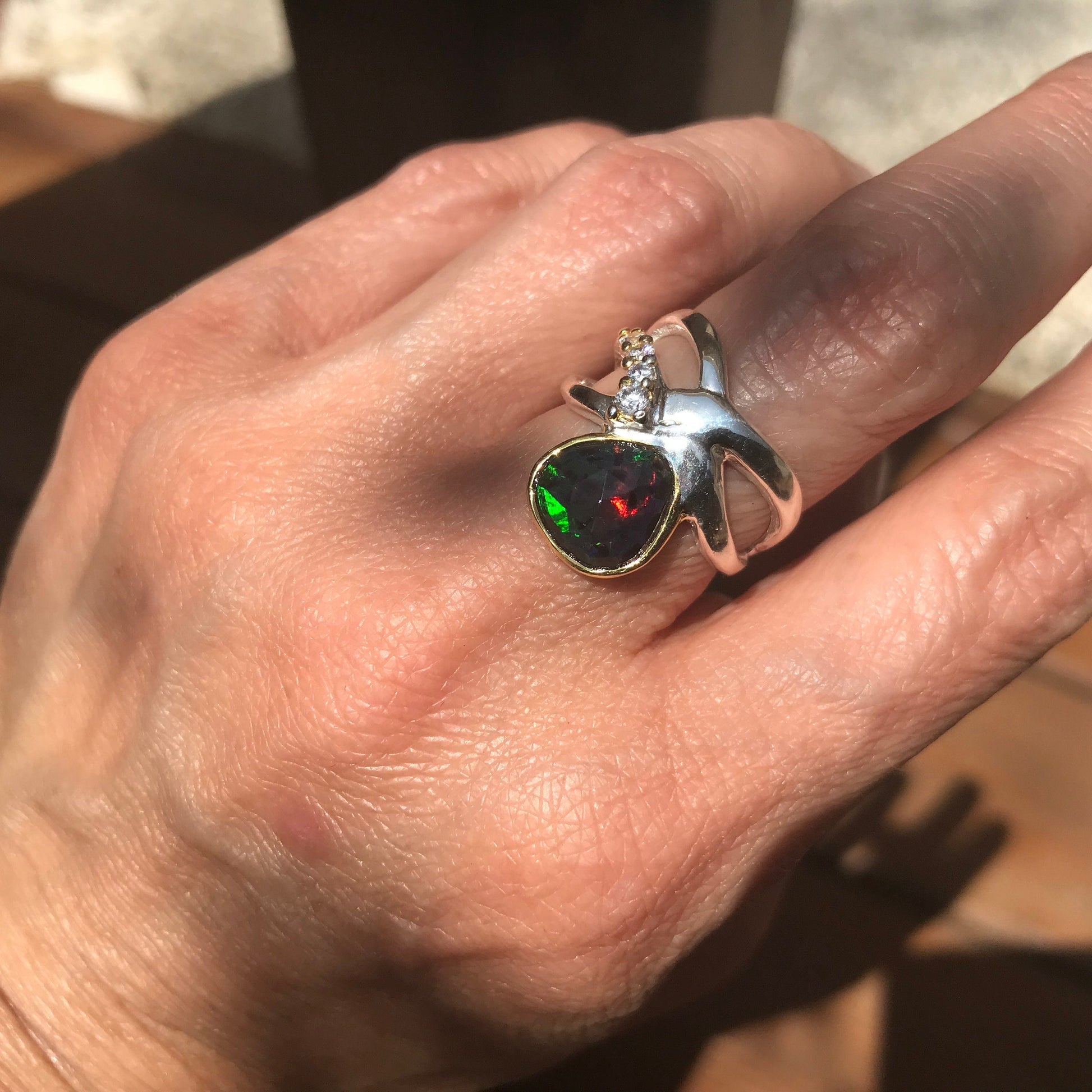 Sterling Silver natural black Opal band ring 6.5 Colors Of Etnika
