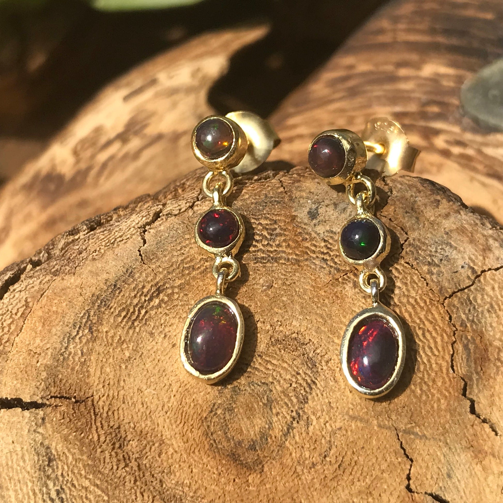 Sterling Silver natural black rainbow opal gold dangle  earrings Colors Of Etnika