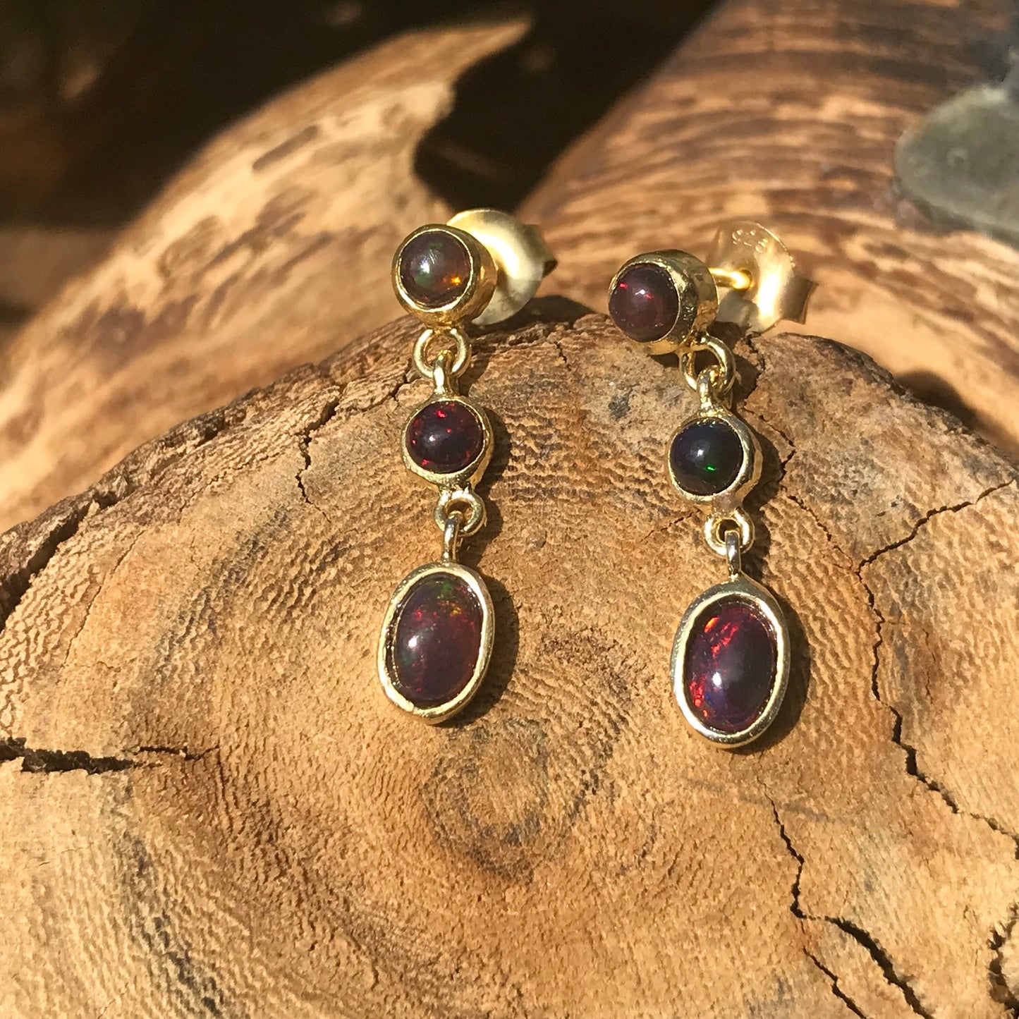 Sterling Silver natural black rainbow opal gold dangle  earrings Colors Of Etnika