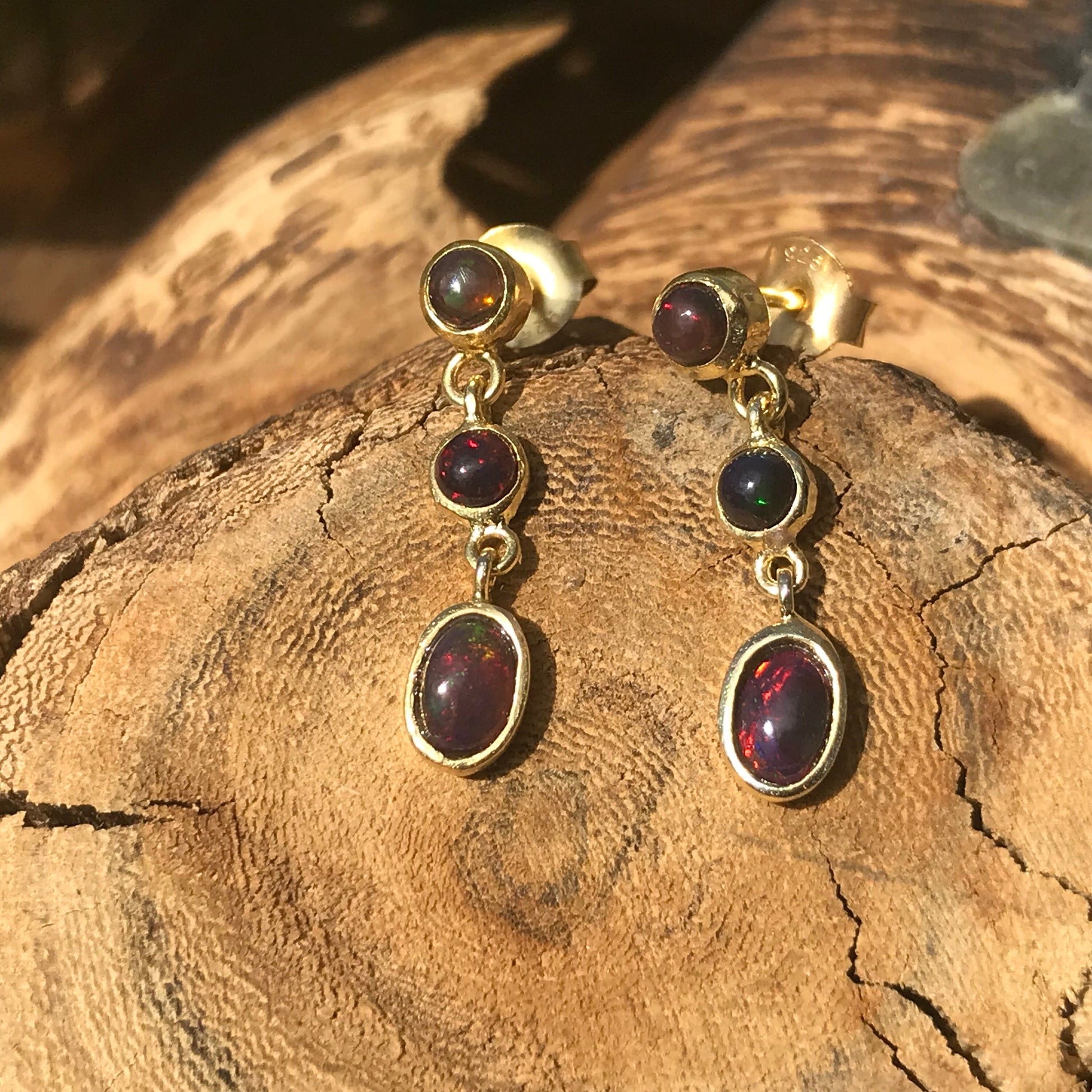 Sterling Silver natural black rainbow opal gold dangle  earrings Colors Of Etnika