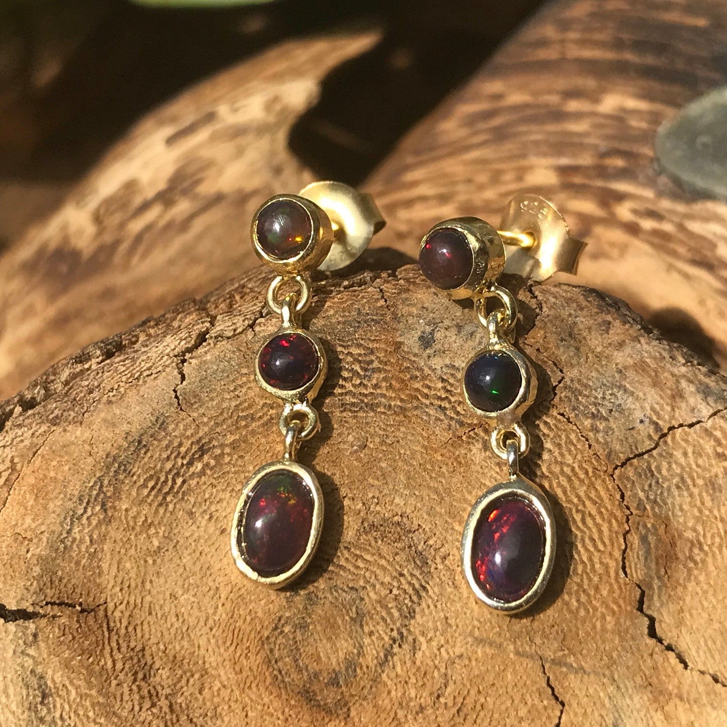 Sterling Silver natural black rainbow opal gold dangle  earrings Colors Of Etnika