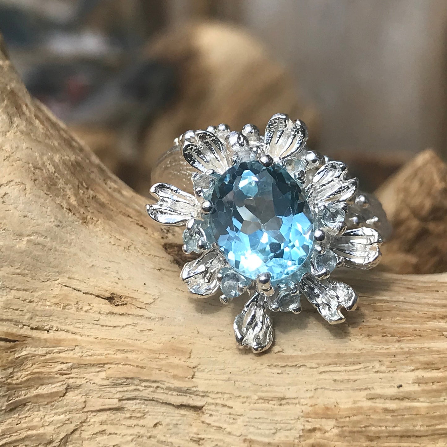 Sterling Silver natural  art blue topaz ring handmade 6.5 Colors Of Etnika