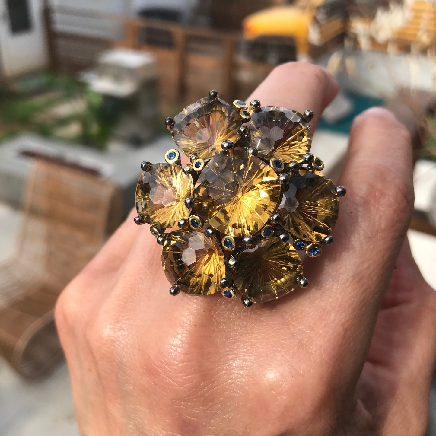 Sterling silver citrine sapphire fancy ring 7.5 wow factor here Colors Of Etnika