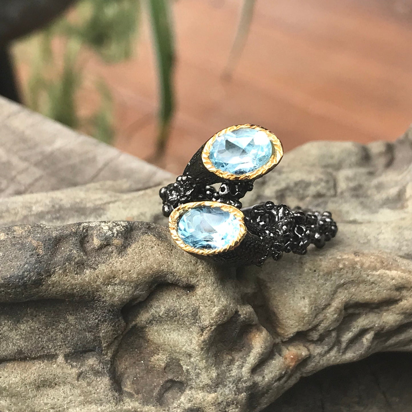 Sterling Silver natural art brutalist  blue topaz ring 8.5 Colors Of Etnika