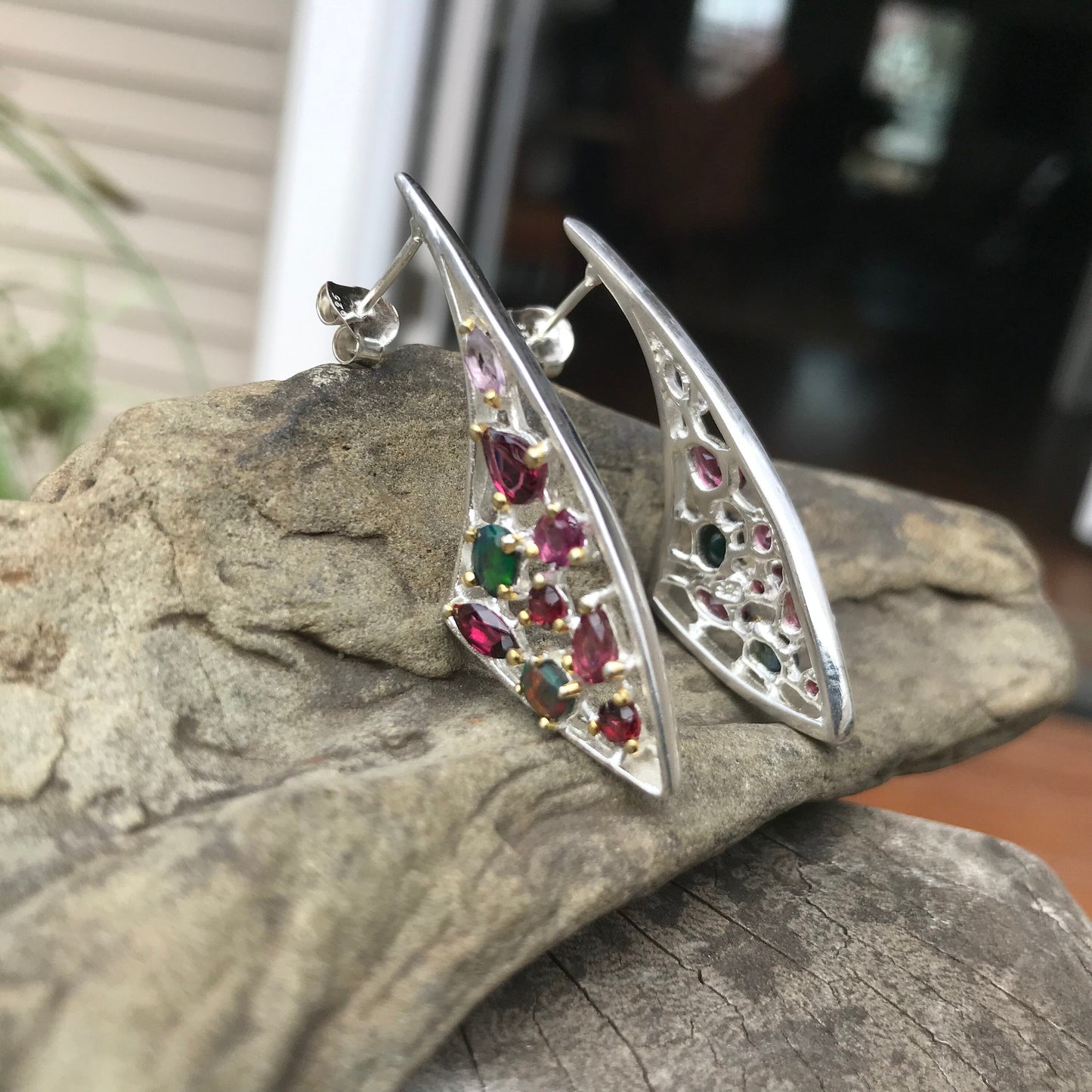 Sterling Silver Natural modernist black Opal Stud hoop  Earrings Colors Of Etnika