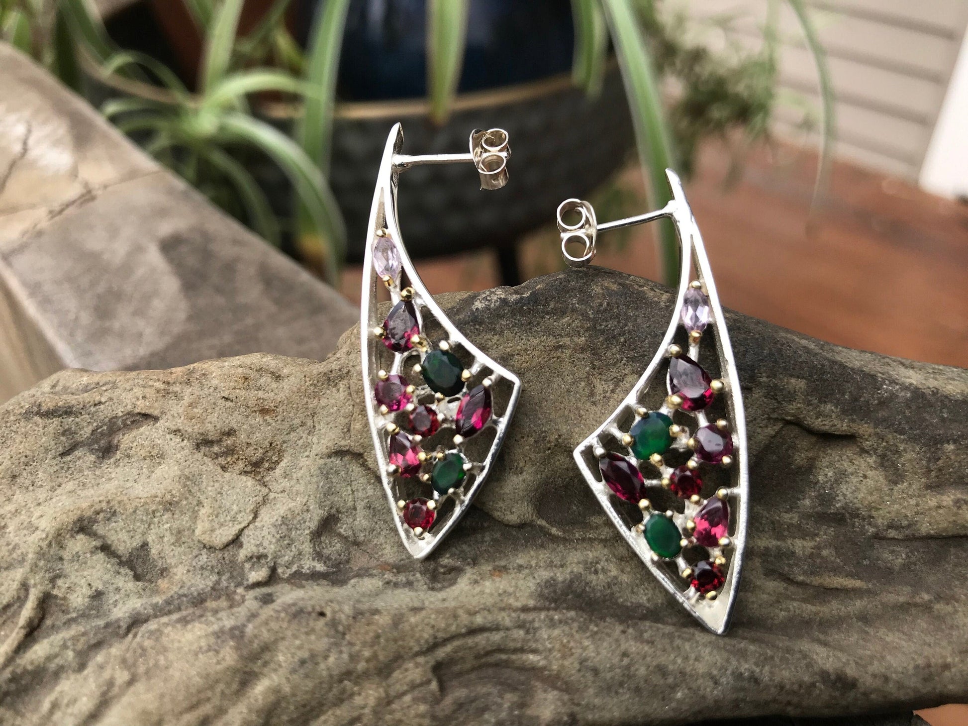 Sterling Silver Natural modernist black Opal Stud hoop  Earrings Colors Of Etnika