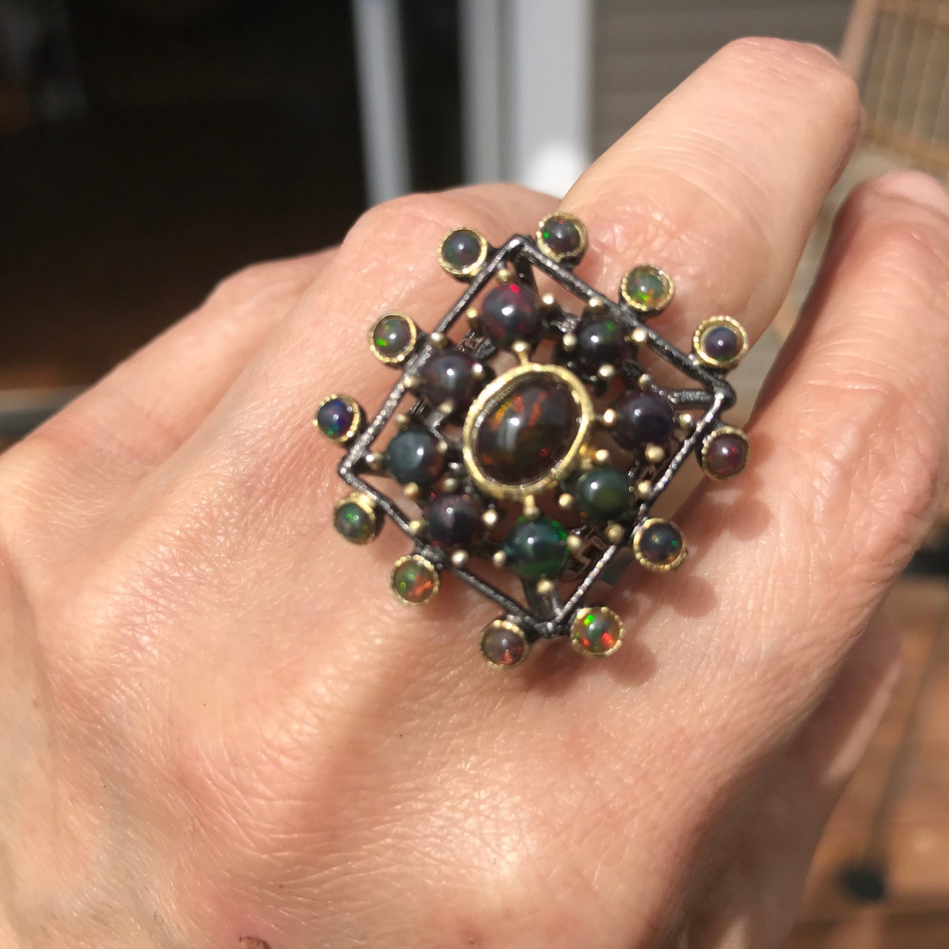 Sterling Silver black Fire Opal Art Deco statement ring 6.5 Colors Of Etnika