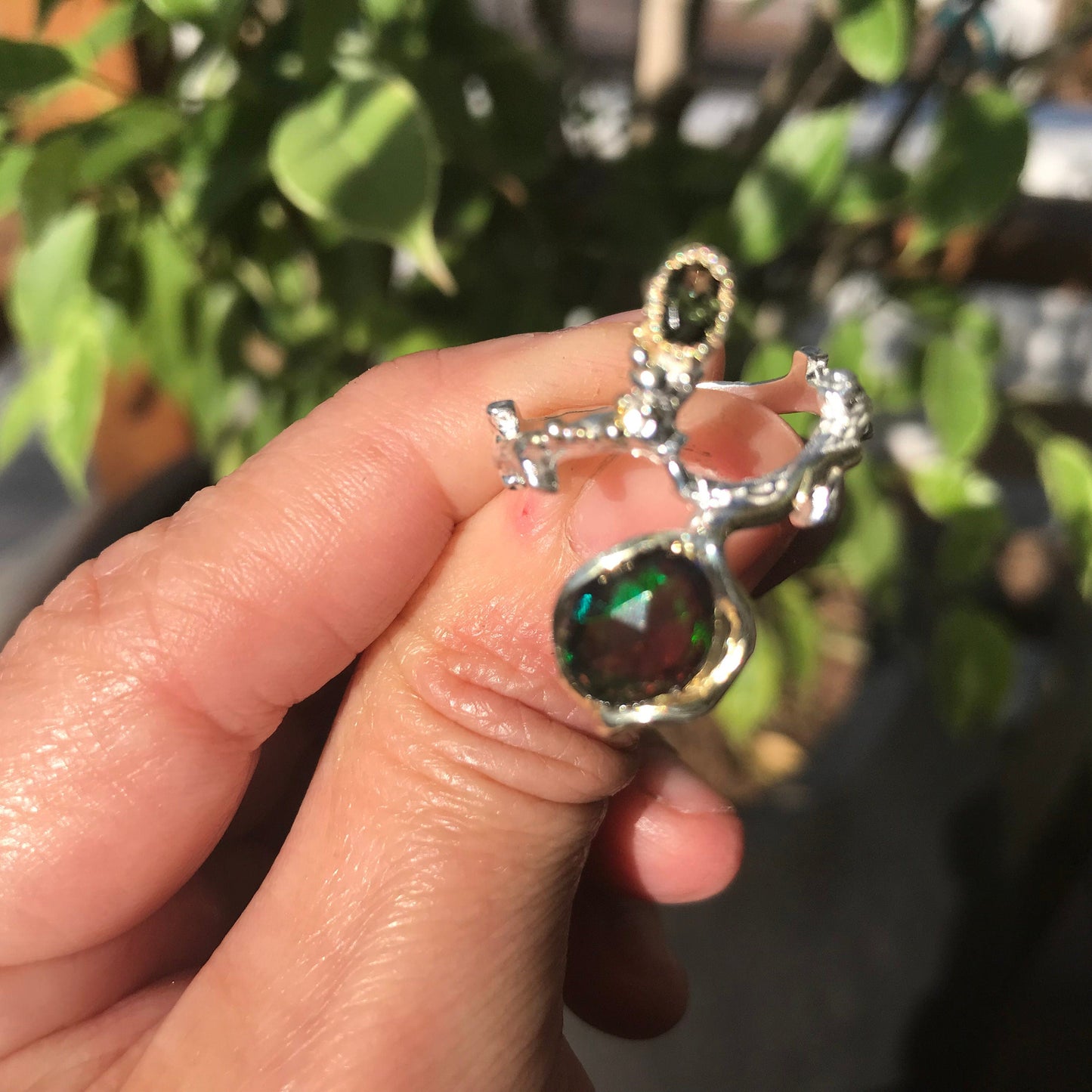 Natural black red fire opal organic twig Sterling Silver Ring 8 Colors Of Etnika