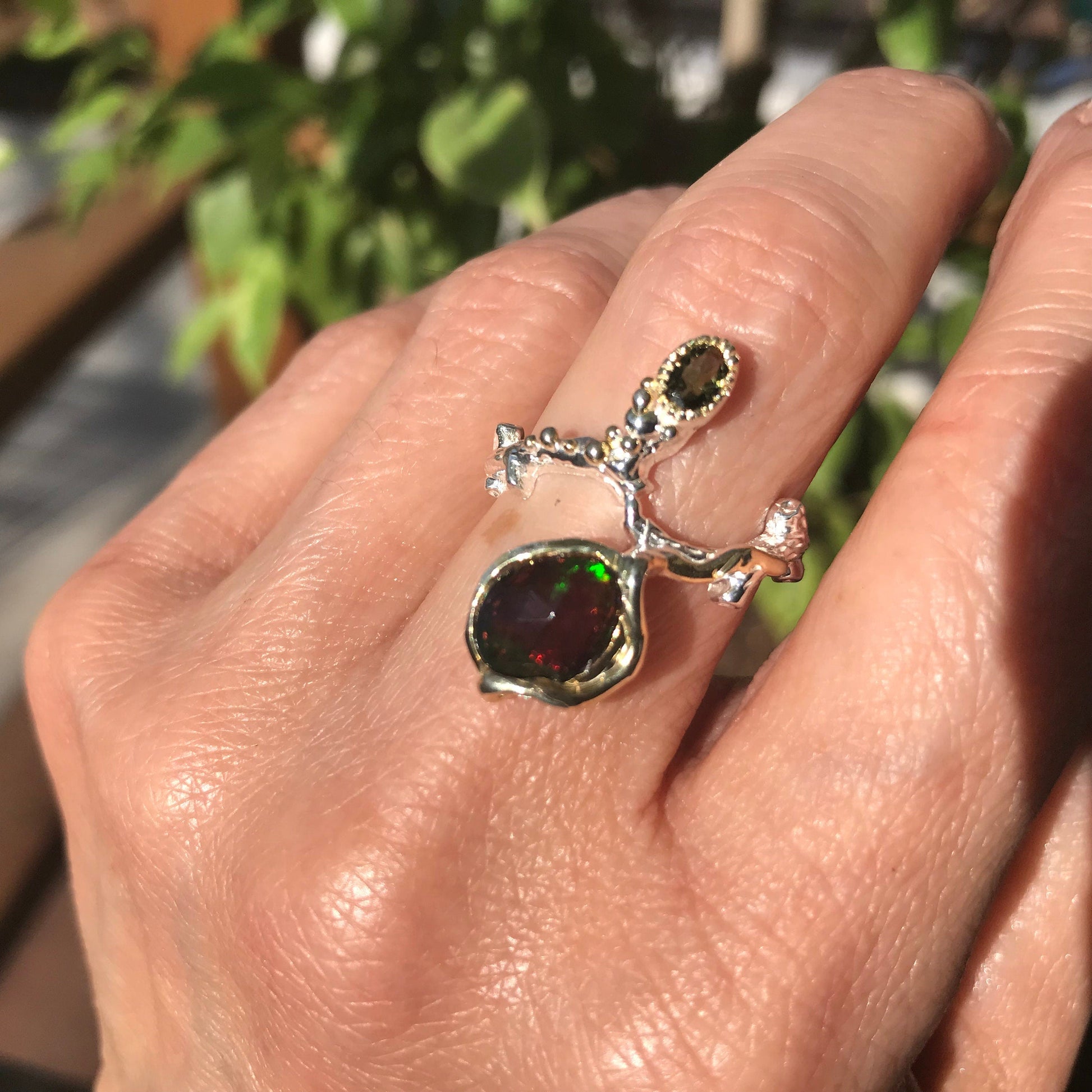 Natural black red fire opal organic twig Sterling Silver Ring 8 Colors Of Etnika