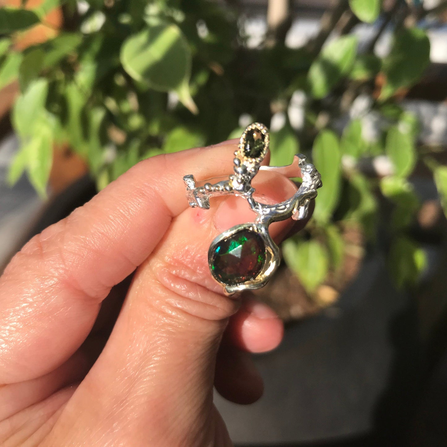 Natural black red fire opal organic twig Sterling Silver Ring 8 Colors Of Etnika