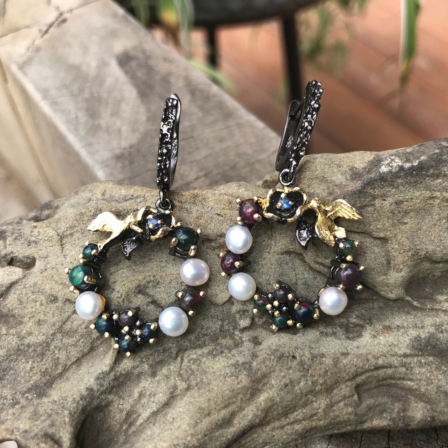 Sterling Silver Natural black fire Opal heirloom pearl dangle  Earrings Colors Of Etnika