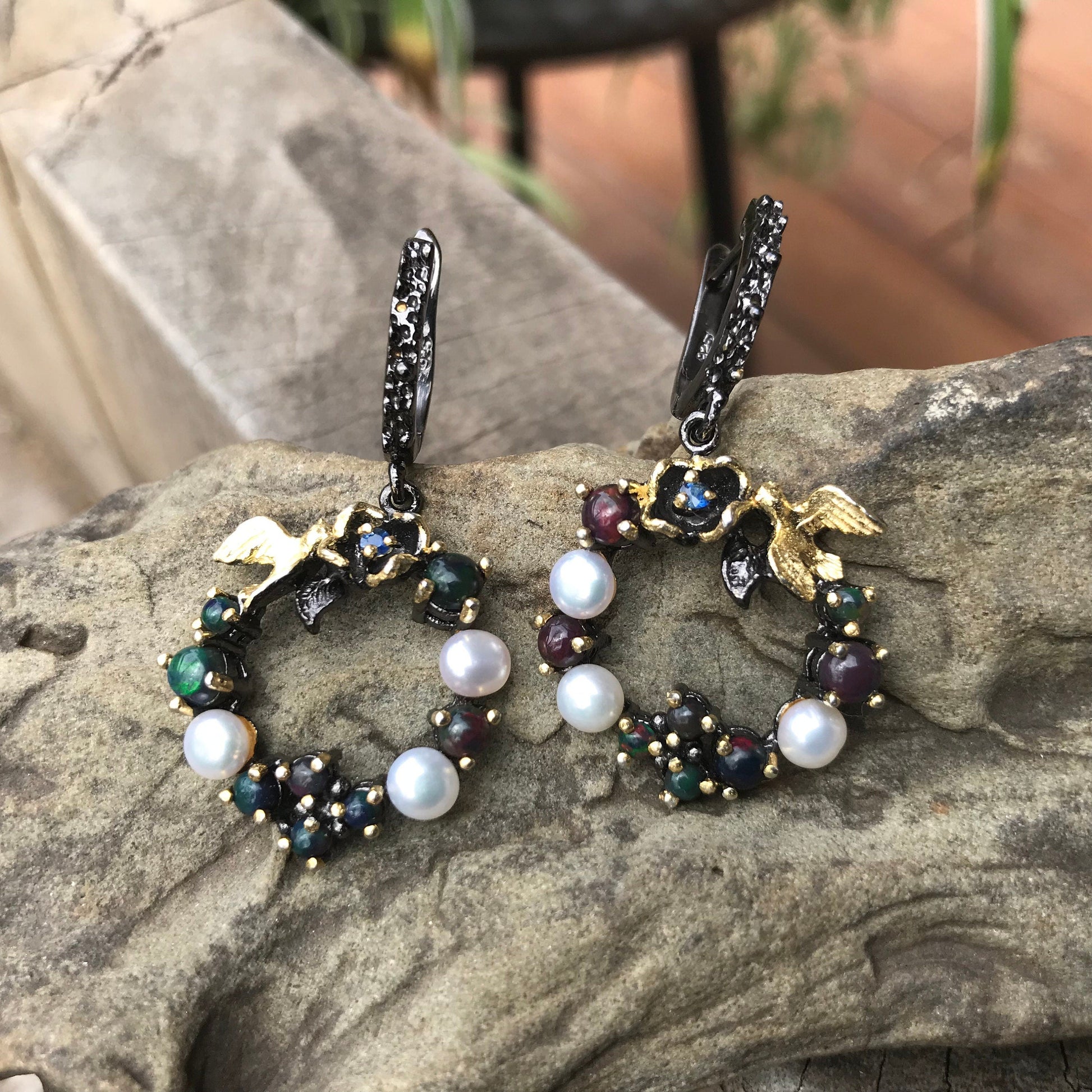 Sterling Silver Natural black fire Opal heirloom pearl dangle  Earrings Colors Of Etnika