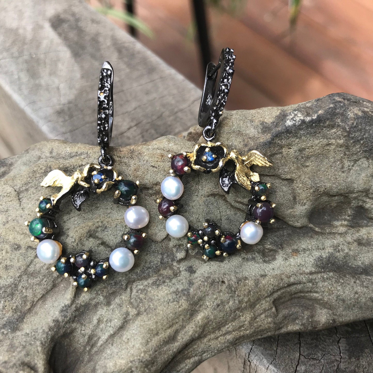 Sterling Silver Natural black fire Opal heirloom pearl dangle  Earrings Colors Of Etnika