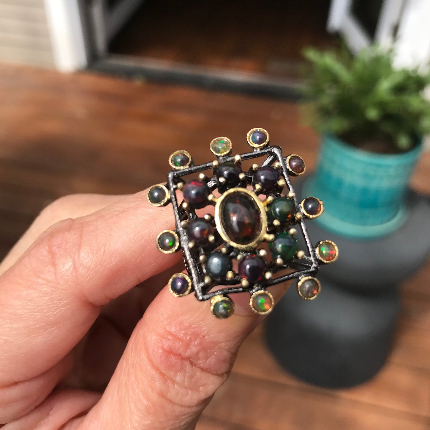Sterling Silver black Fire Opal Art Deco statement ring 6.5 Colors Of Etnika