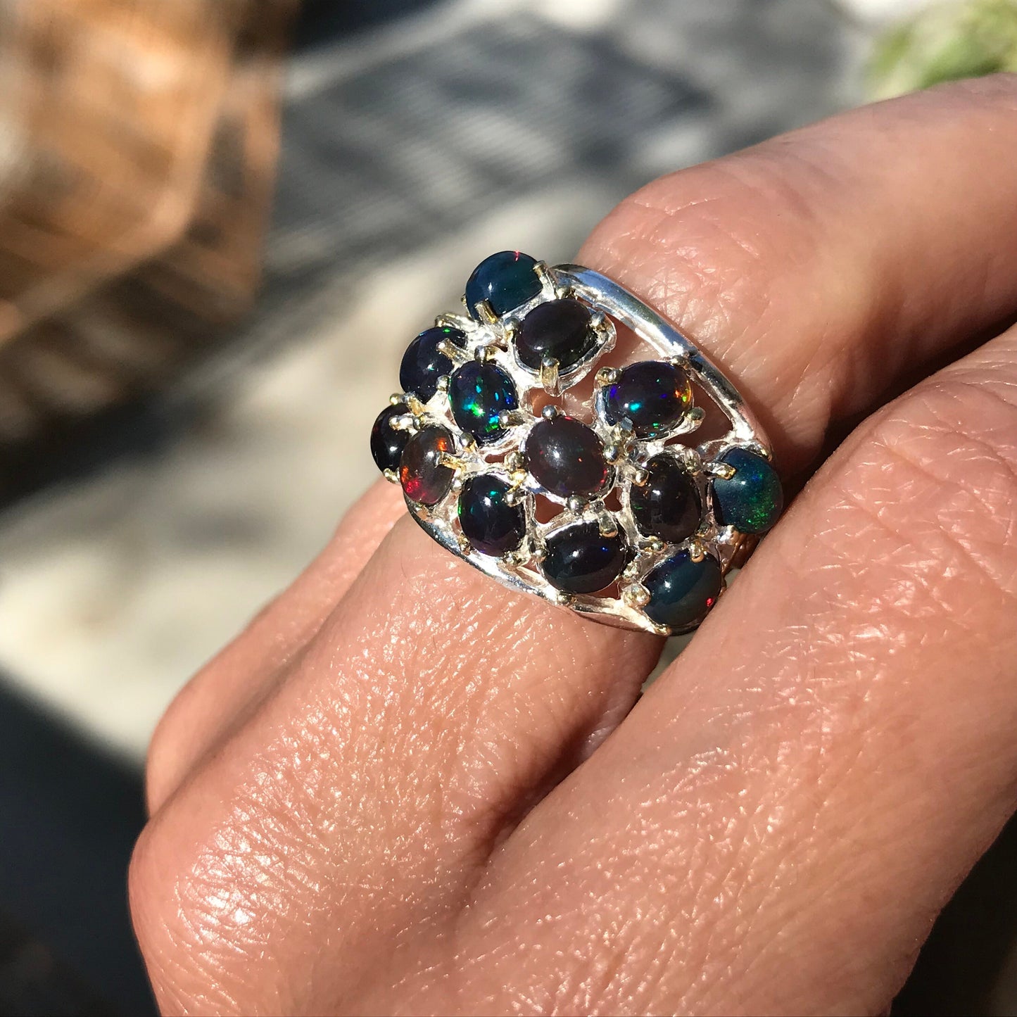 Sterling Silver black blue Fire Opal statement ring 6 mesmerizing Colors Of Etnika