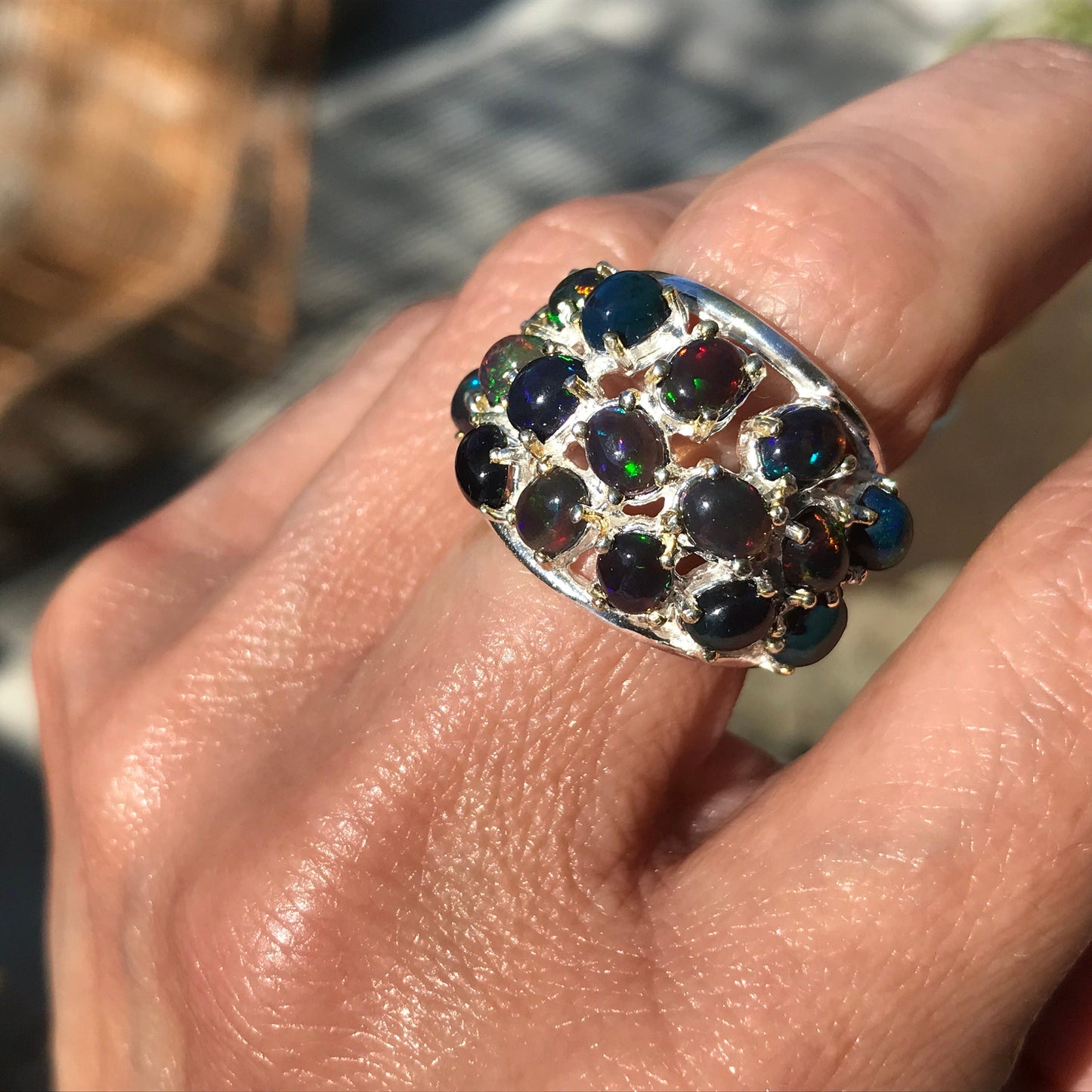 Sterling Silver black blue Fire Opal statement ring 6 mesmerizing Colors Of Etnika