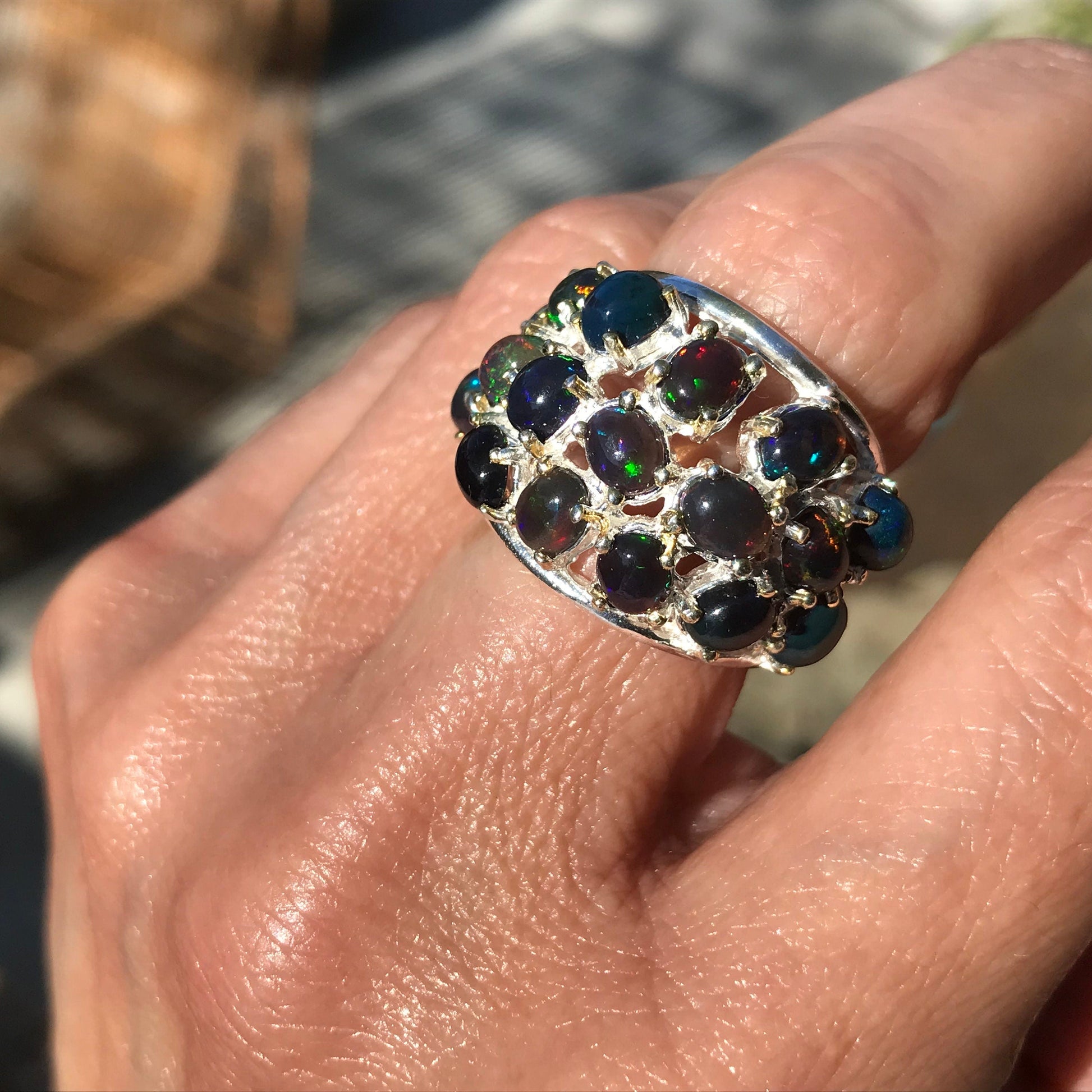 Sterling Silver black blue Fire Opal statement ring 6 mesmerizing Colors Of Etnika