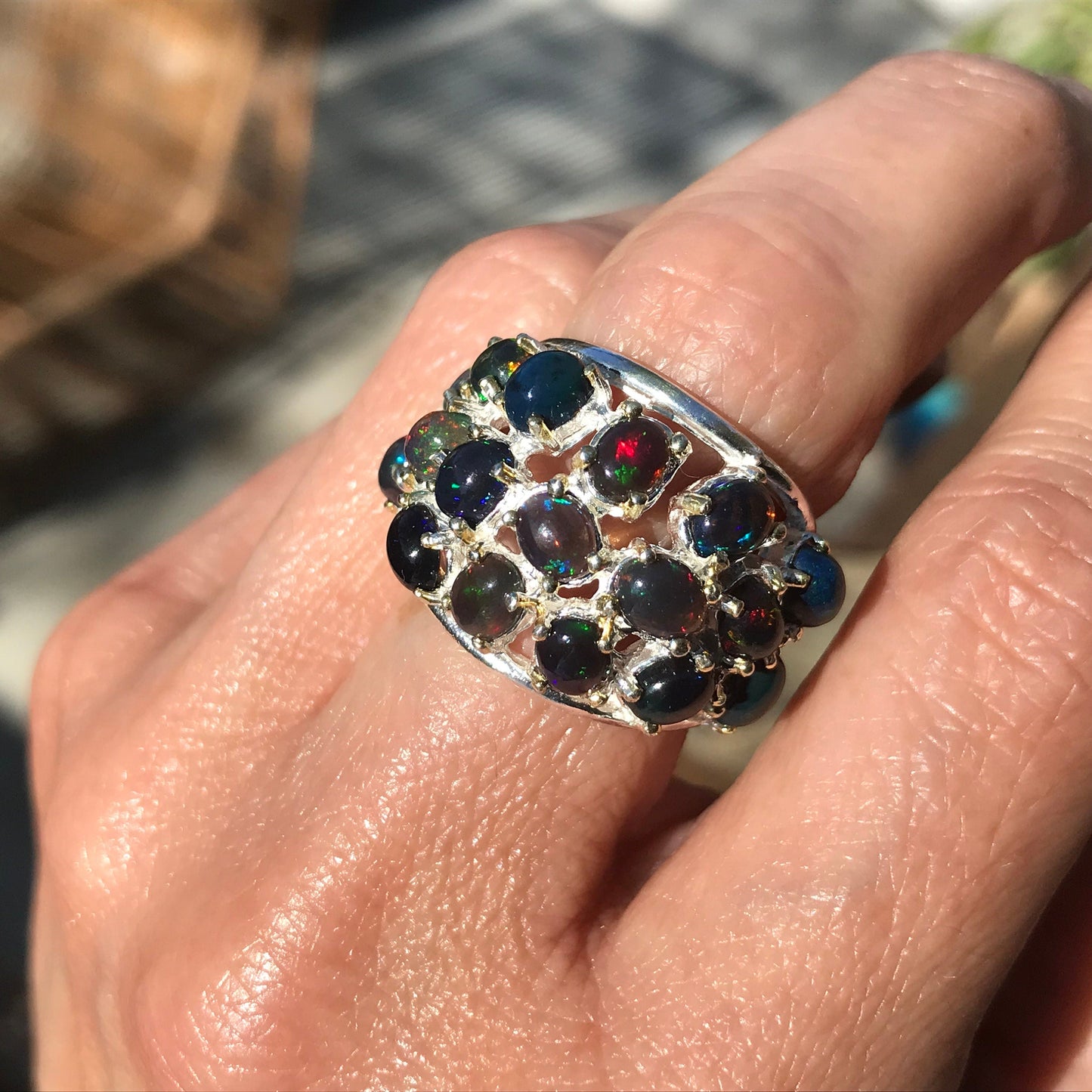 Sterling Silver black blue Fire Opal statement ring 6 mesmerizing Colors Of Etnika