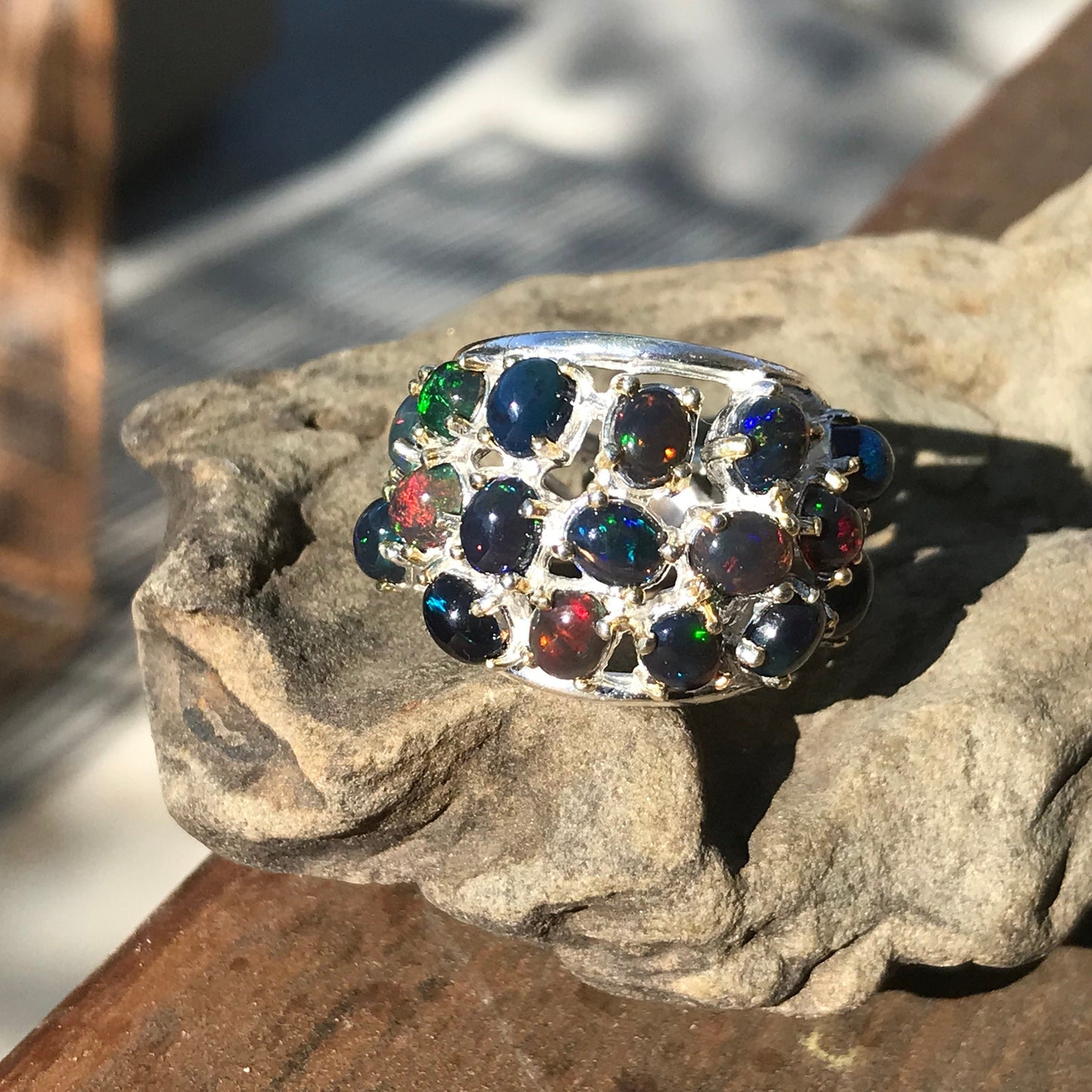 Sterling Silver black blue Fire Opal statement ring 6 mesmerizing Colors Of Etnika