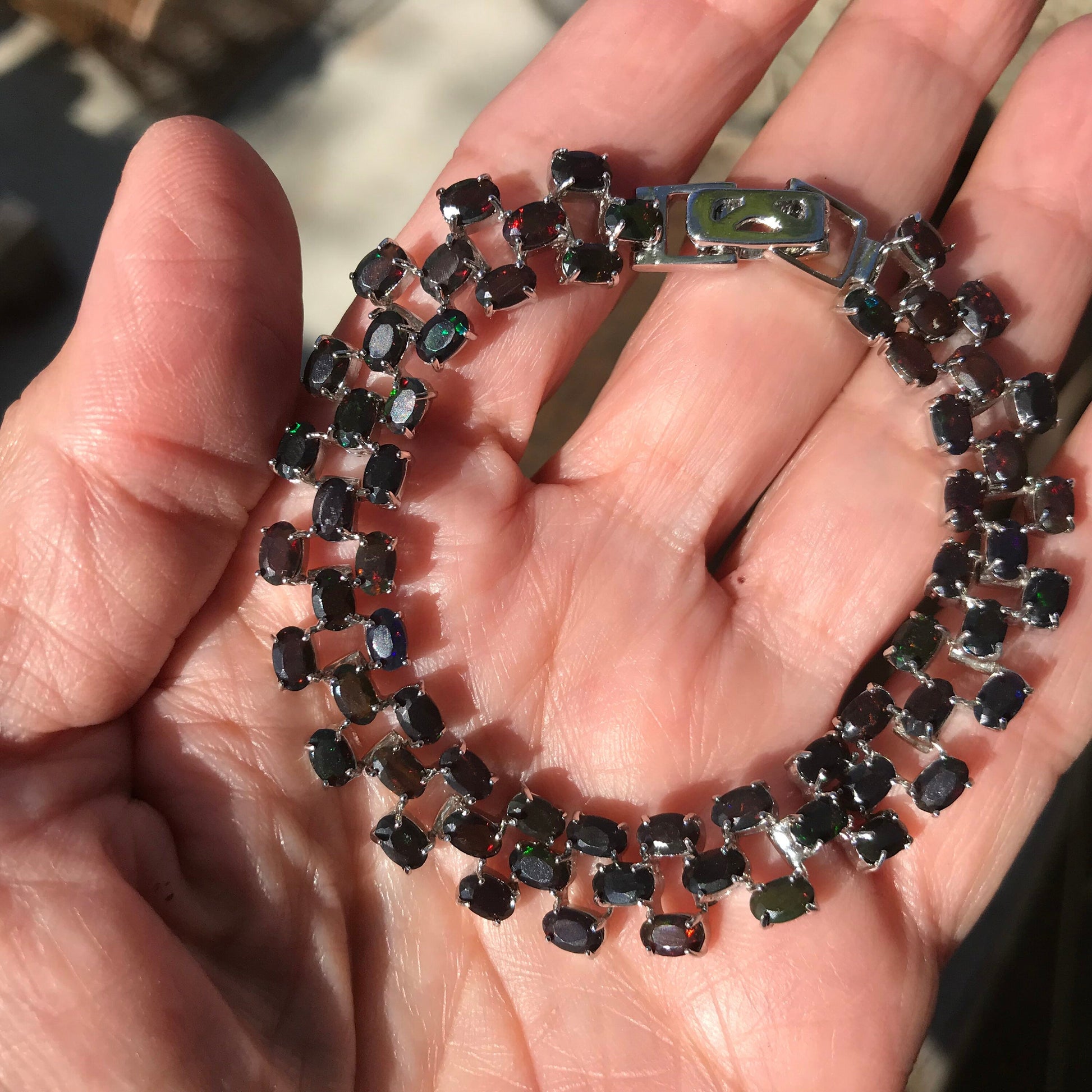 Sterling Silver Natural Black fire Opal tenis bracelet Colors Of Etnika
