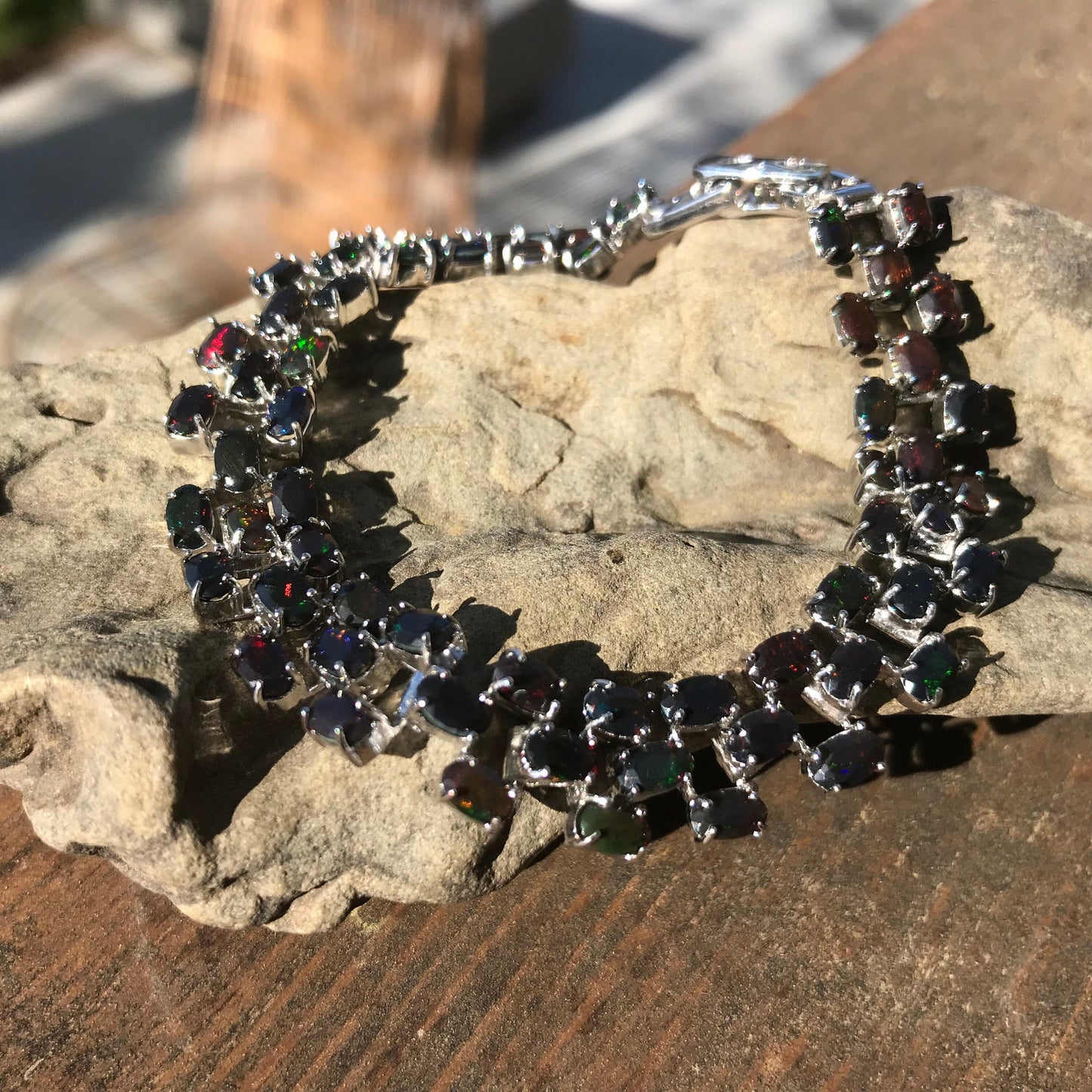 Sterling Silver Natural Black fire Opal tenis bracelet Colors Of Etnika