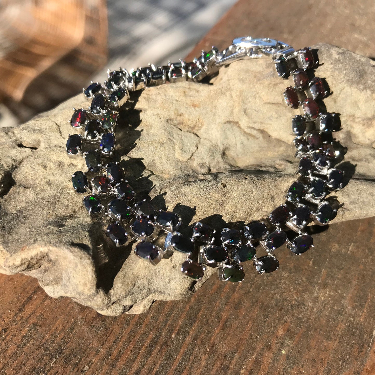 Sterling Silver Natural Black fire Opal tenis bracelet Colors Of Etnika