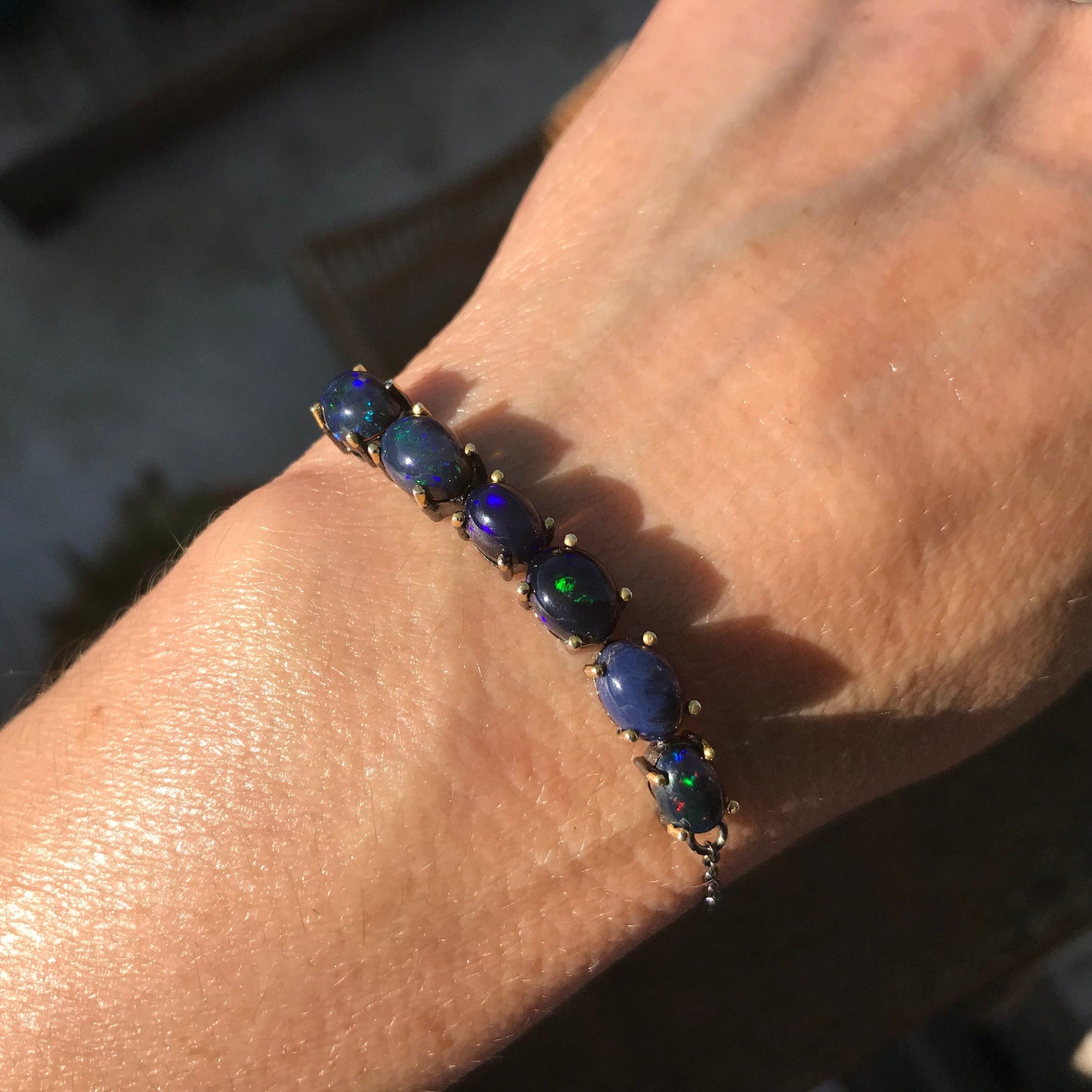 Sterling Silver Natural Black blue fire Opal tenis bracelet Colors Of Etnika