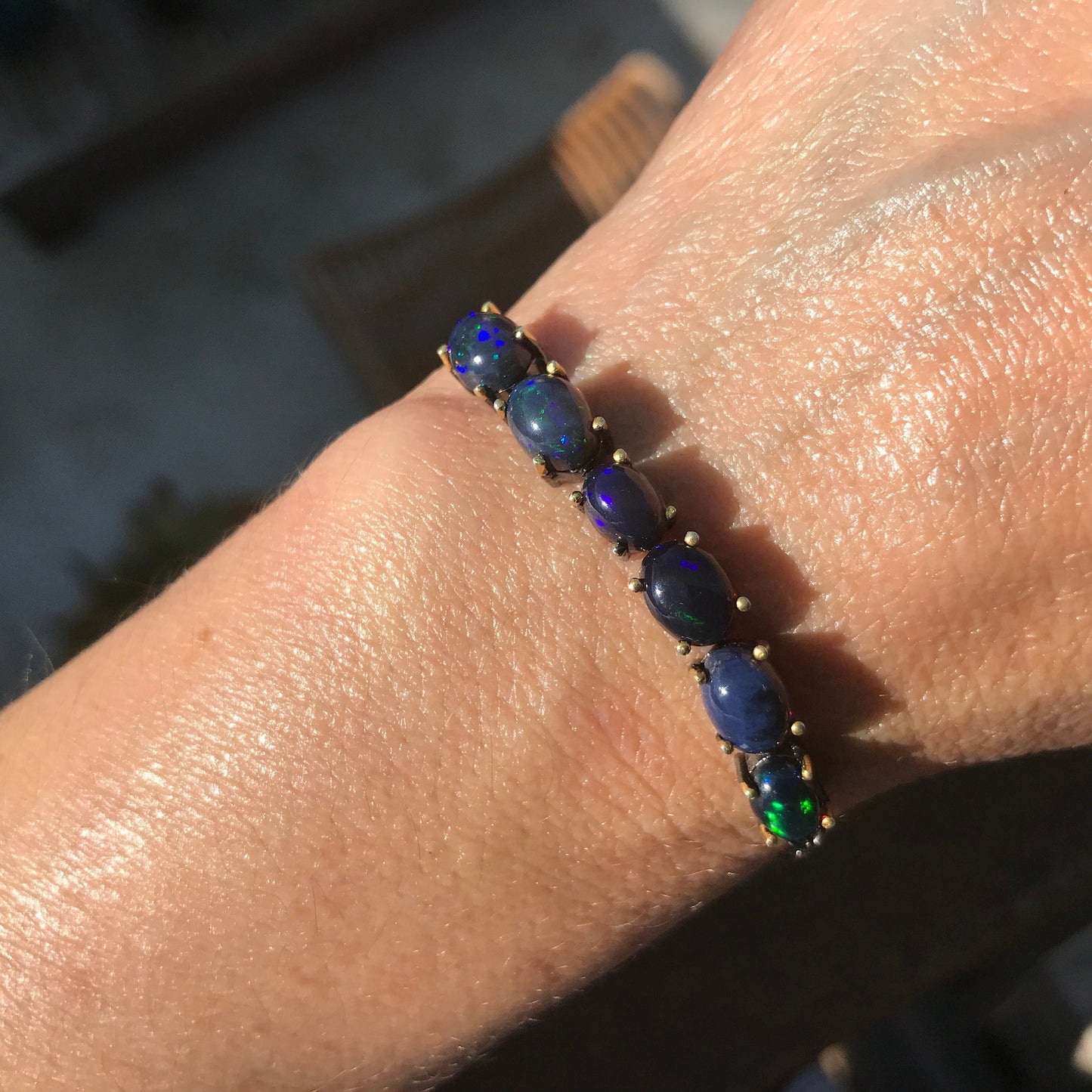 Sterling Silver Natural Black blue fire Opal tenis bracelet Colors Of Etnika