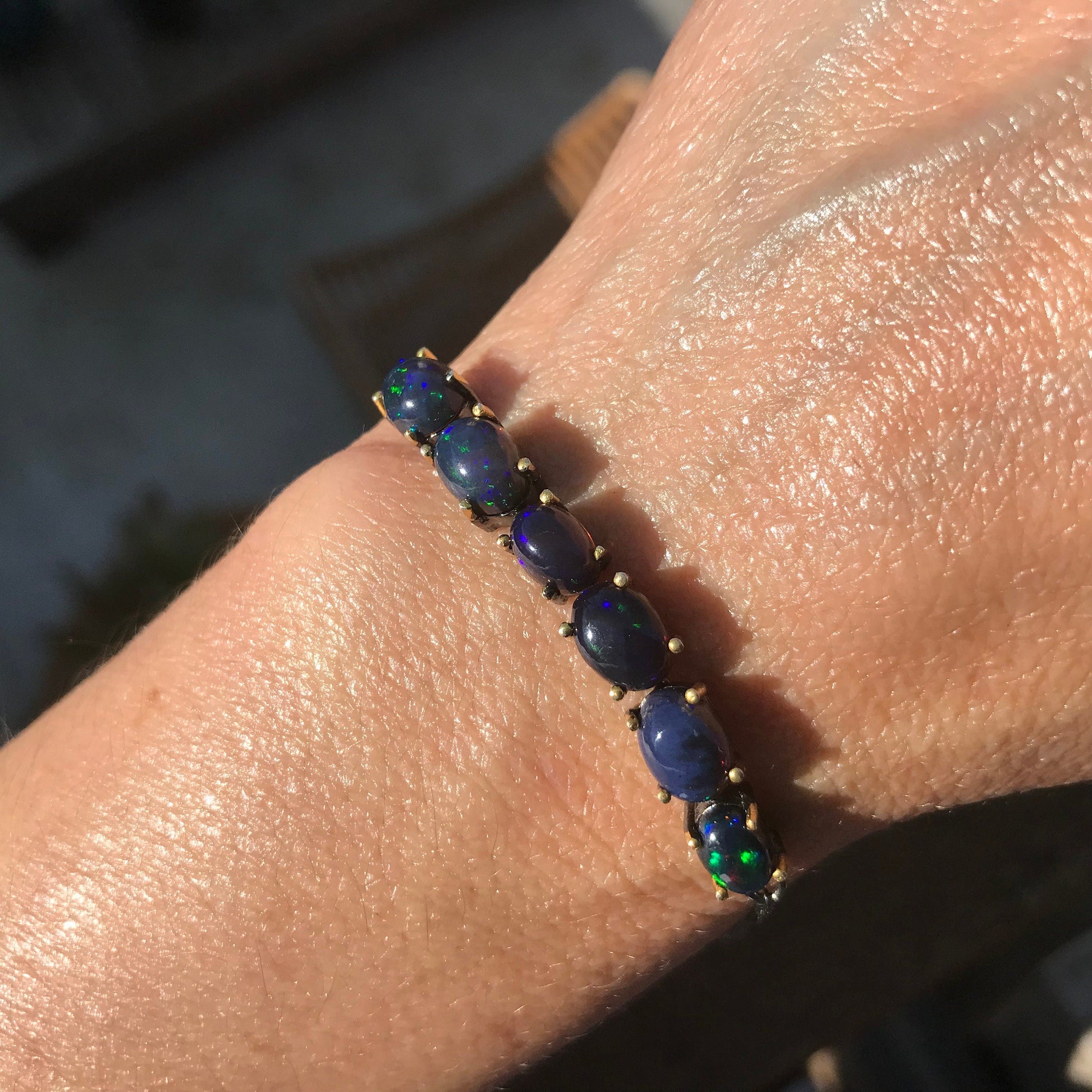 Sterling Silver Natural Black blue fire Opal tenis bracelet Colors Of Etnika