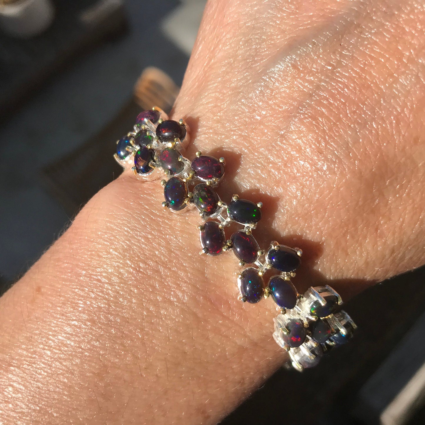 Sterling Silver Natural Black fire mesmerizing Opal tenis bracelet Colors Of Etnika