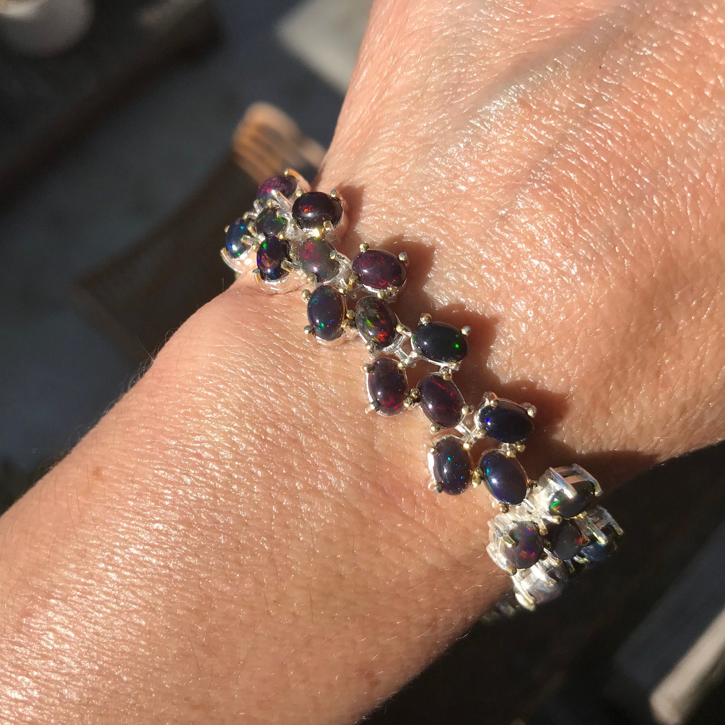 Sterling Silver Natural Black fire mesmerizing Opal tenis bracelet Colors Of Etnika