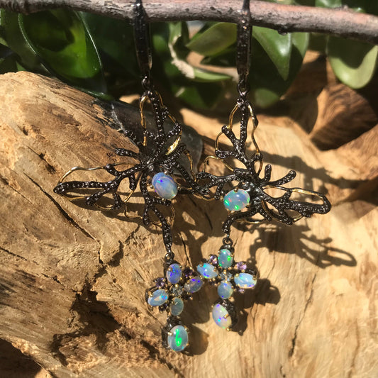 sterling silverNatural opals dangle butterfly art earrings