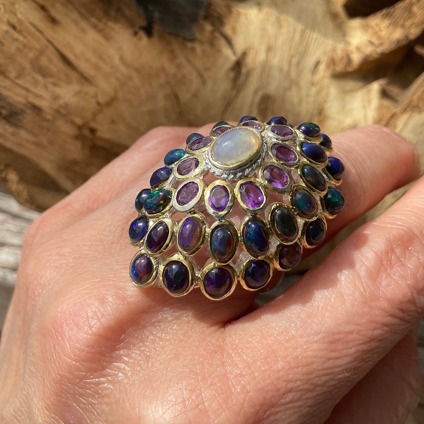 Sterling Silver Black flash Opal huge amethyst cluster statement Ring 6.5 Colors Of Etnika