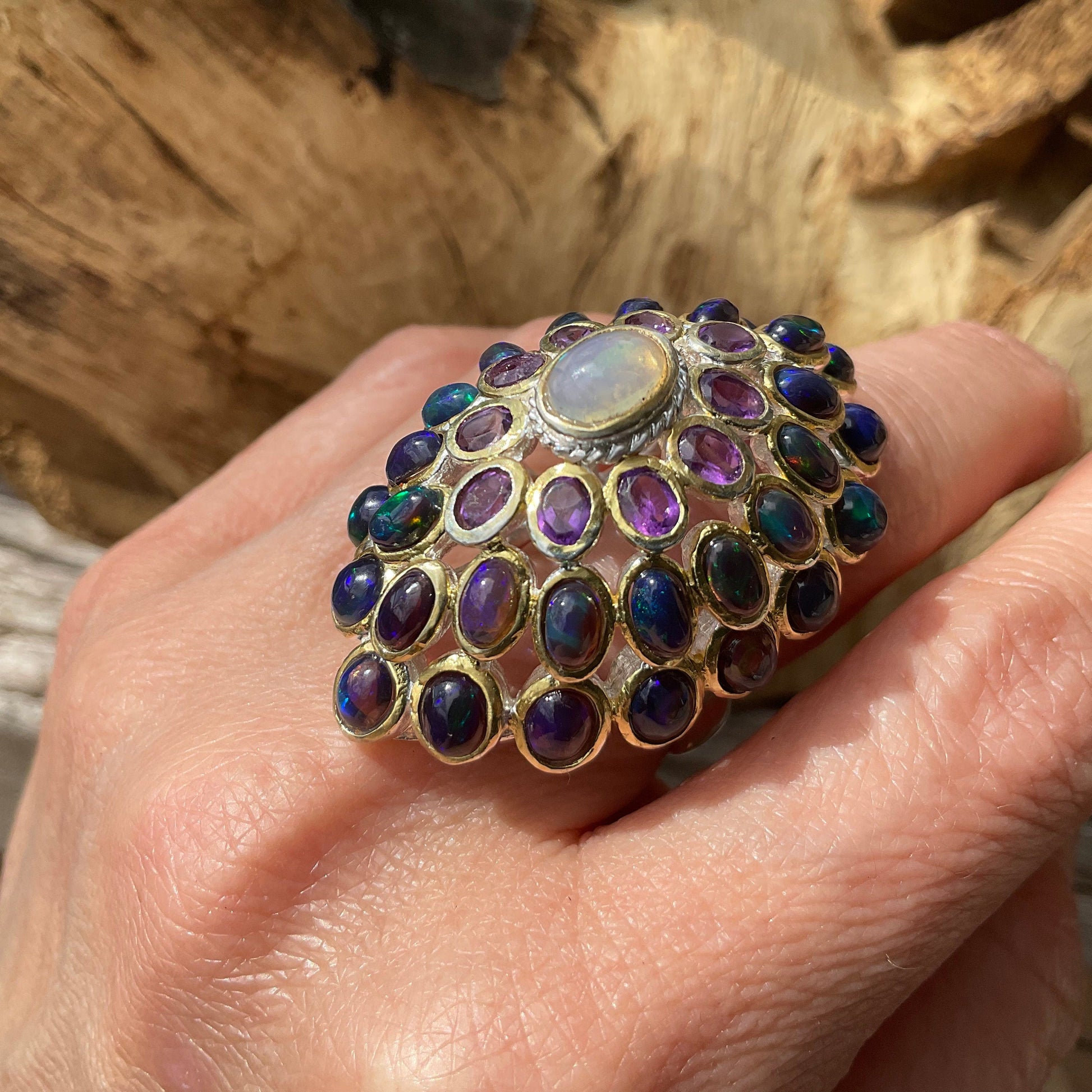 Sterling Silver Black flash Opal huge amethyst cluster statement Ring 6.5 Colors Of Etnika