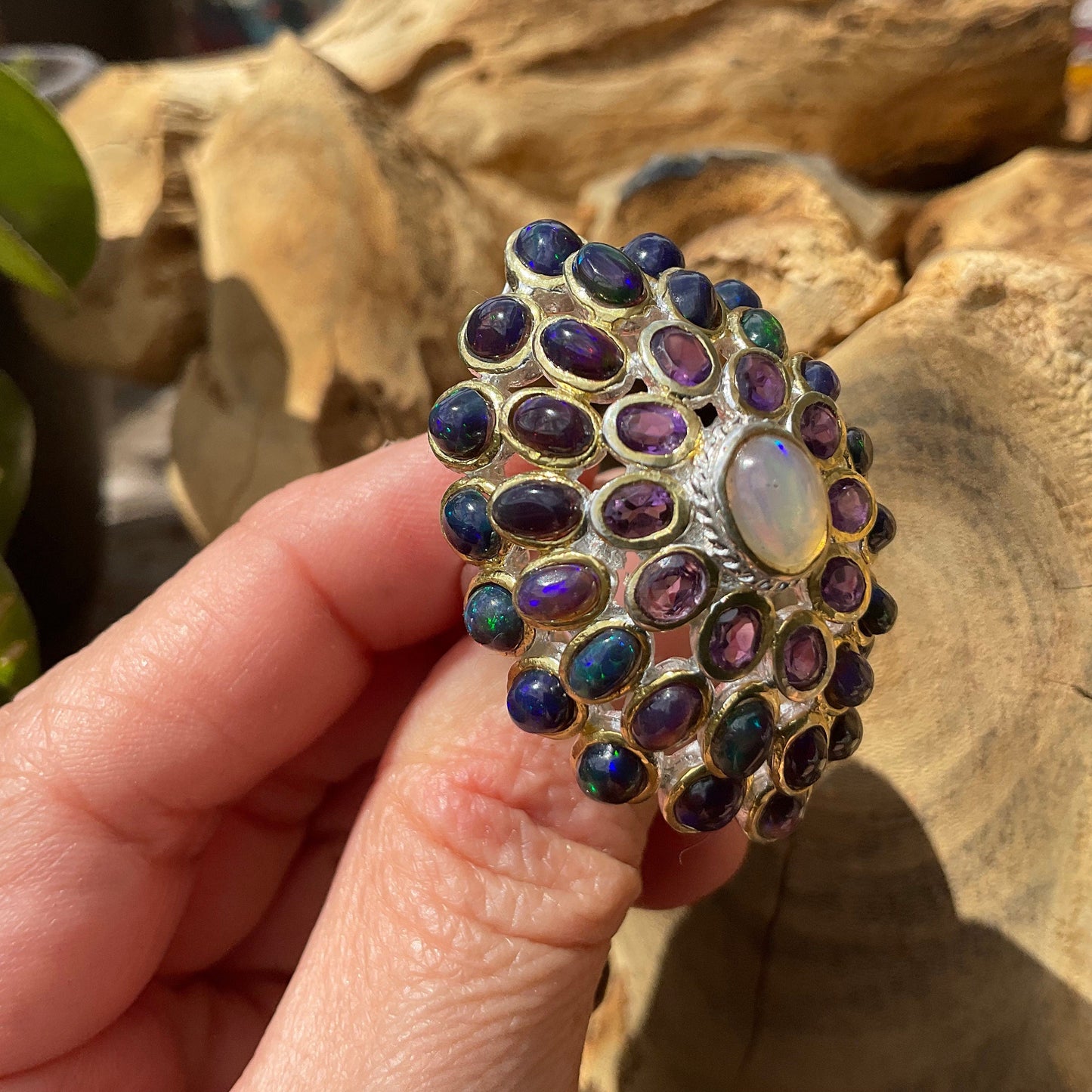 Sterling Silver Black flash Opal huge amethyst cluster statement Ring 6.5 Colors Of Etnika