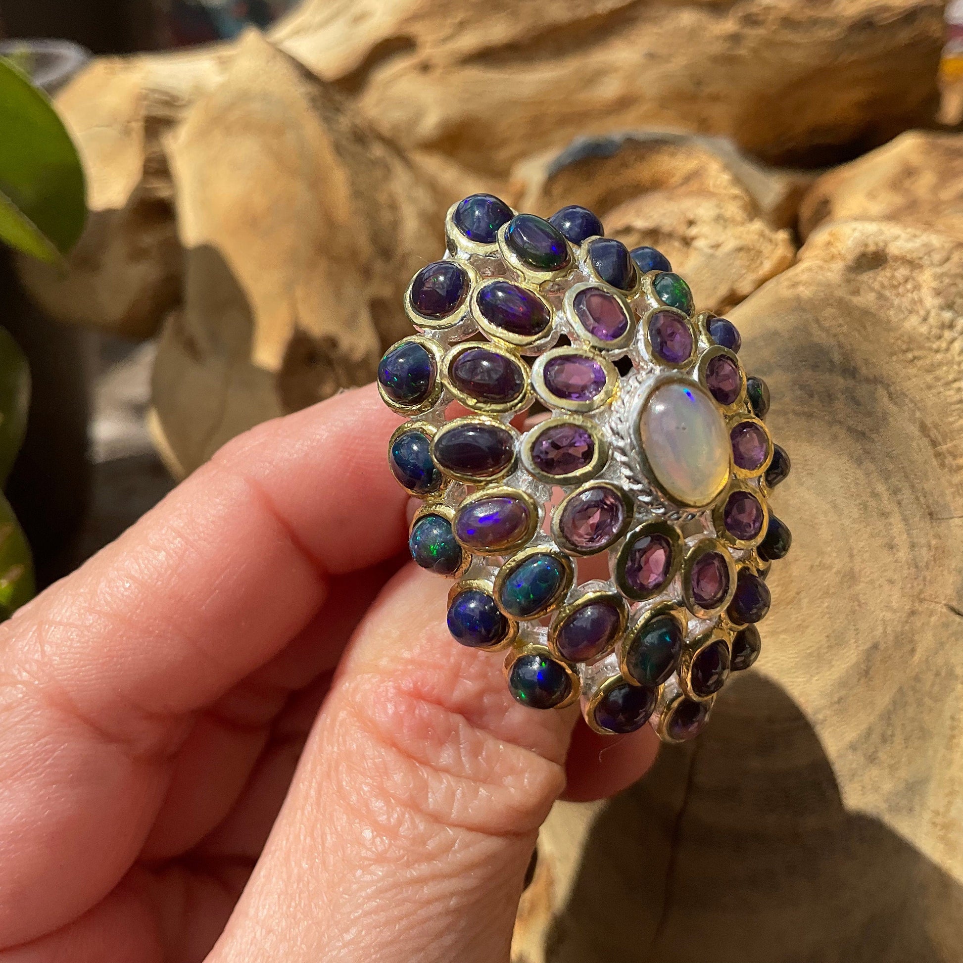 Sterling Silver Black flash Opal huge amethyst cluster statement Ring 6.5 Colors Of Etnika