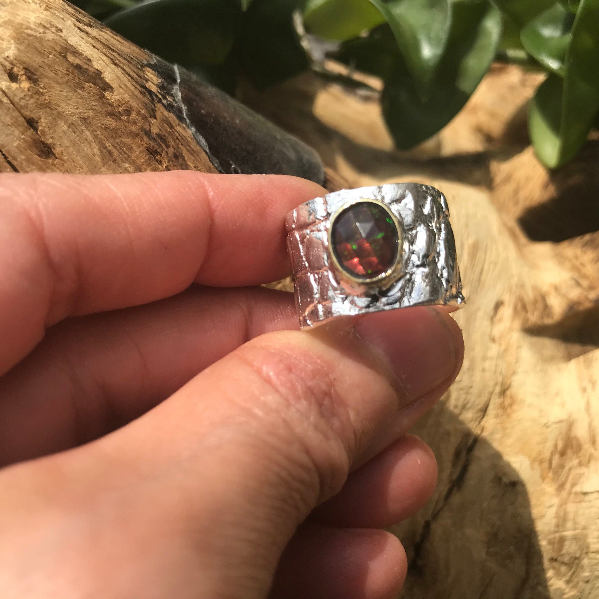 sterling silver natural  blue fire opal band ring 8 Colors Of Etnika