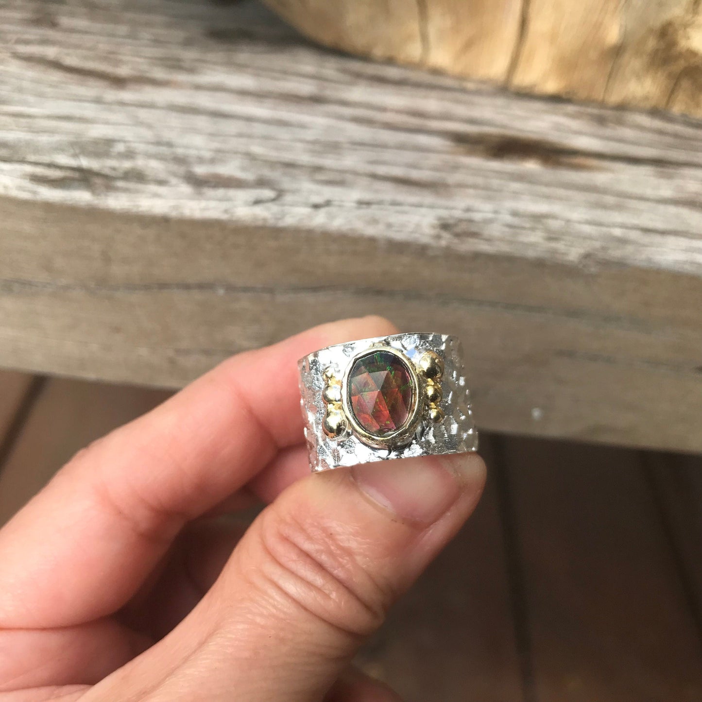 sterling silver natural  Red fire opal band ring 9 Colors Of Etnika