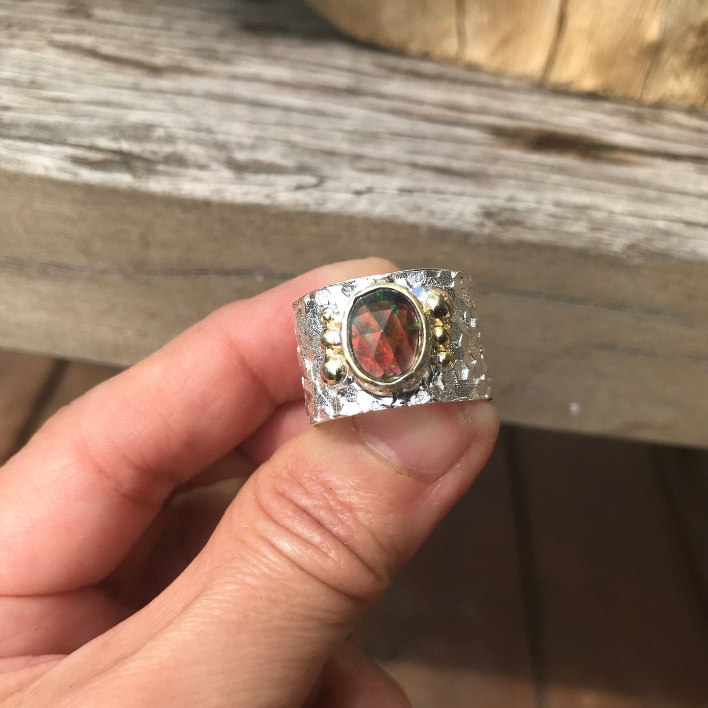 sterling silver natural  Red fire opal band ring 9 Colors Of Etnika