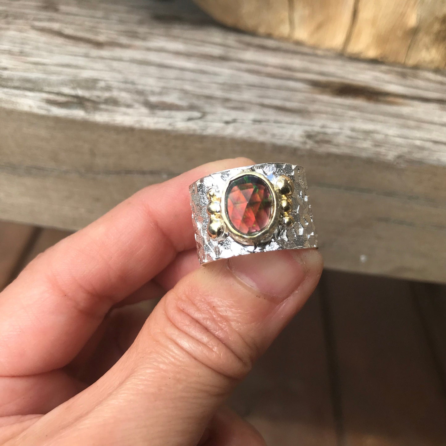 sterling silver natural  Red fire opal band ring 9 Colors Of Etnika